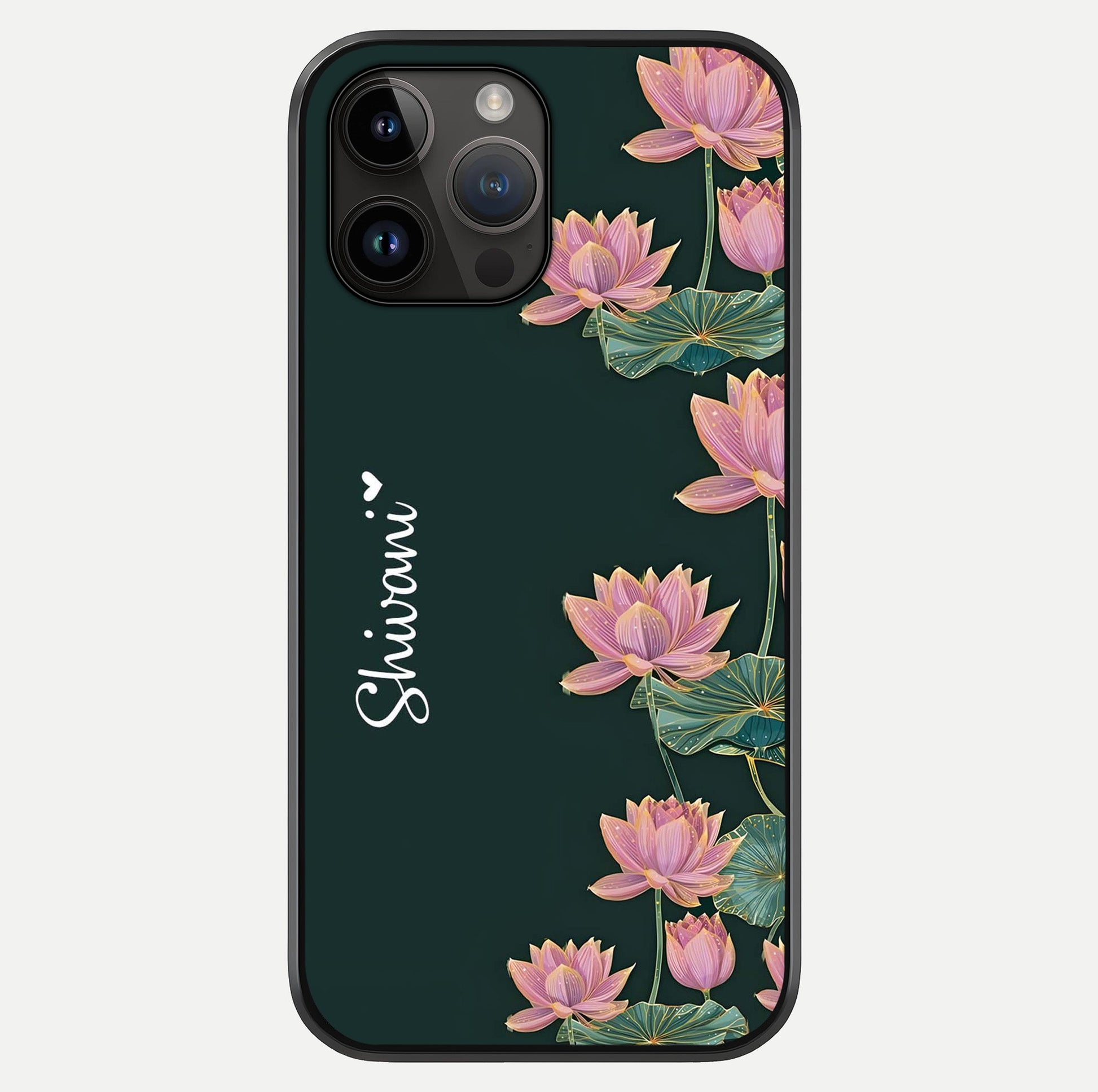 Lotus Bloom Serenity Custom Name Glass Case showing full back design in clean flat view with glossy glass finish.