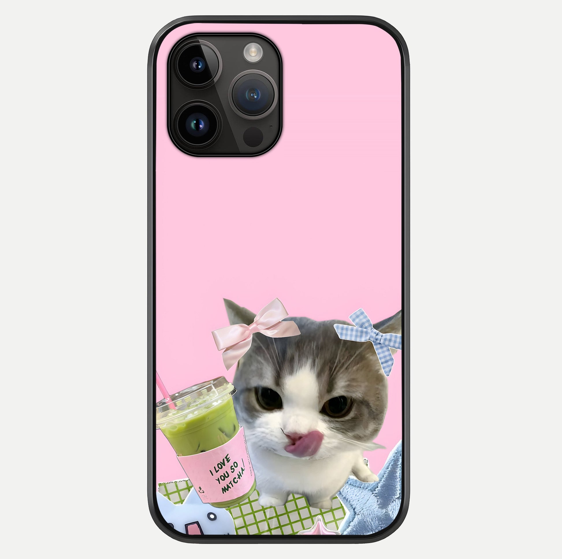 Love Matcha Cat Glass Case showing full back design in clean flat view with glossy glass finish.