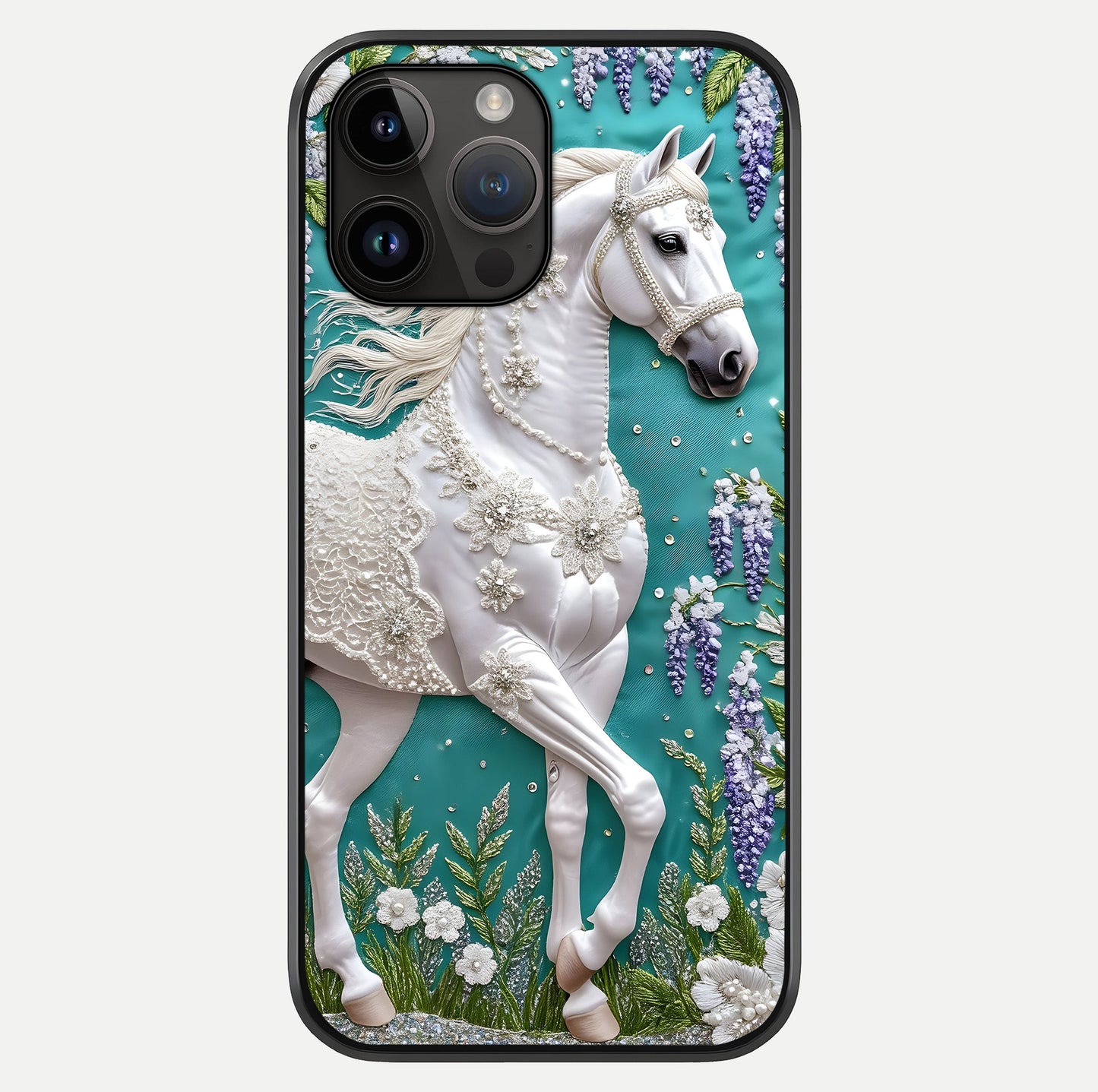 Majestic Floral Stallion Glass Case showing full back design in clean flat view with glossy glass finish.