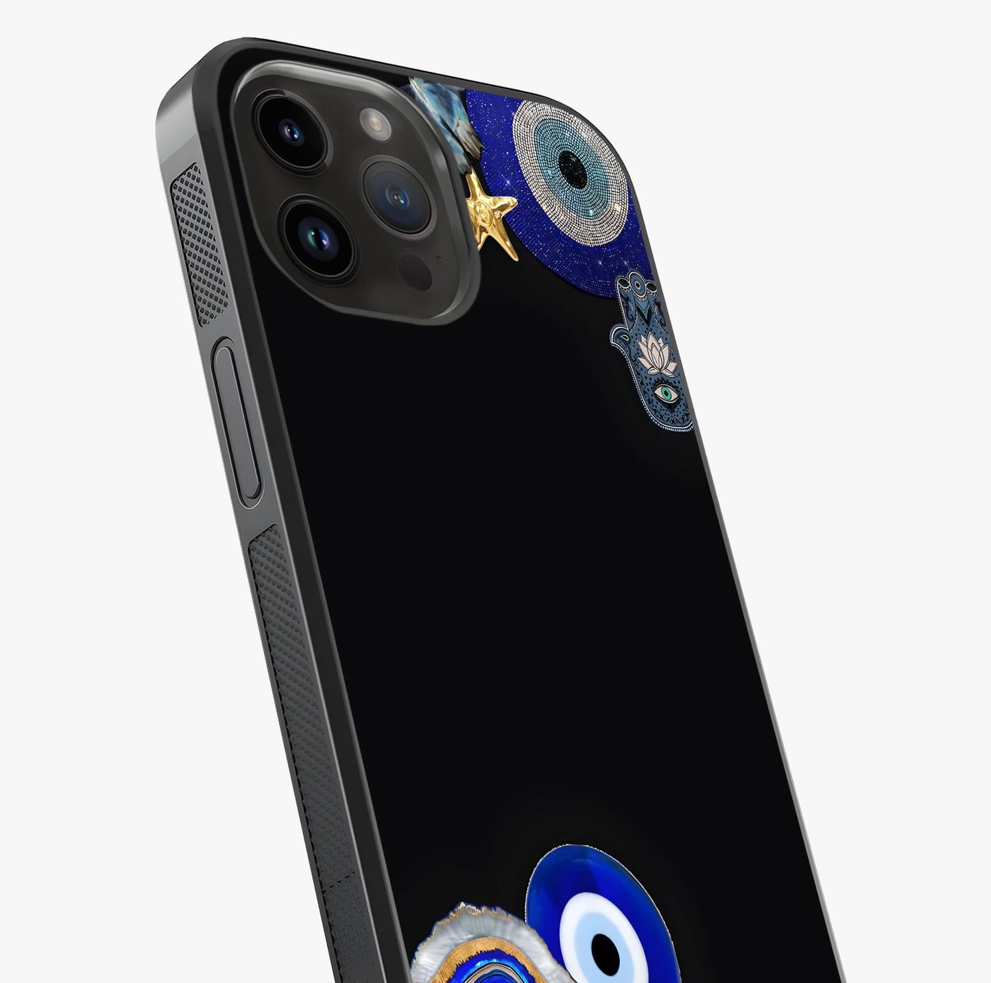 Aesthetic Blue Evil Eye Glass Case captured at a warm angle highlighting gloss, texture and premium glass finish.