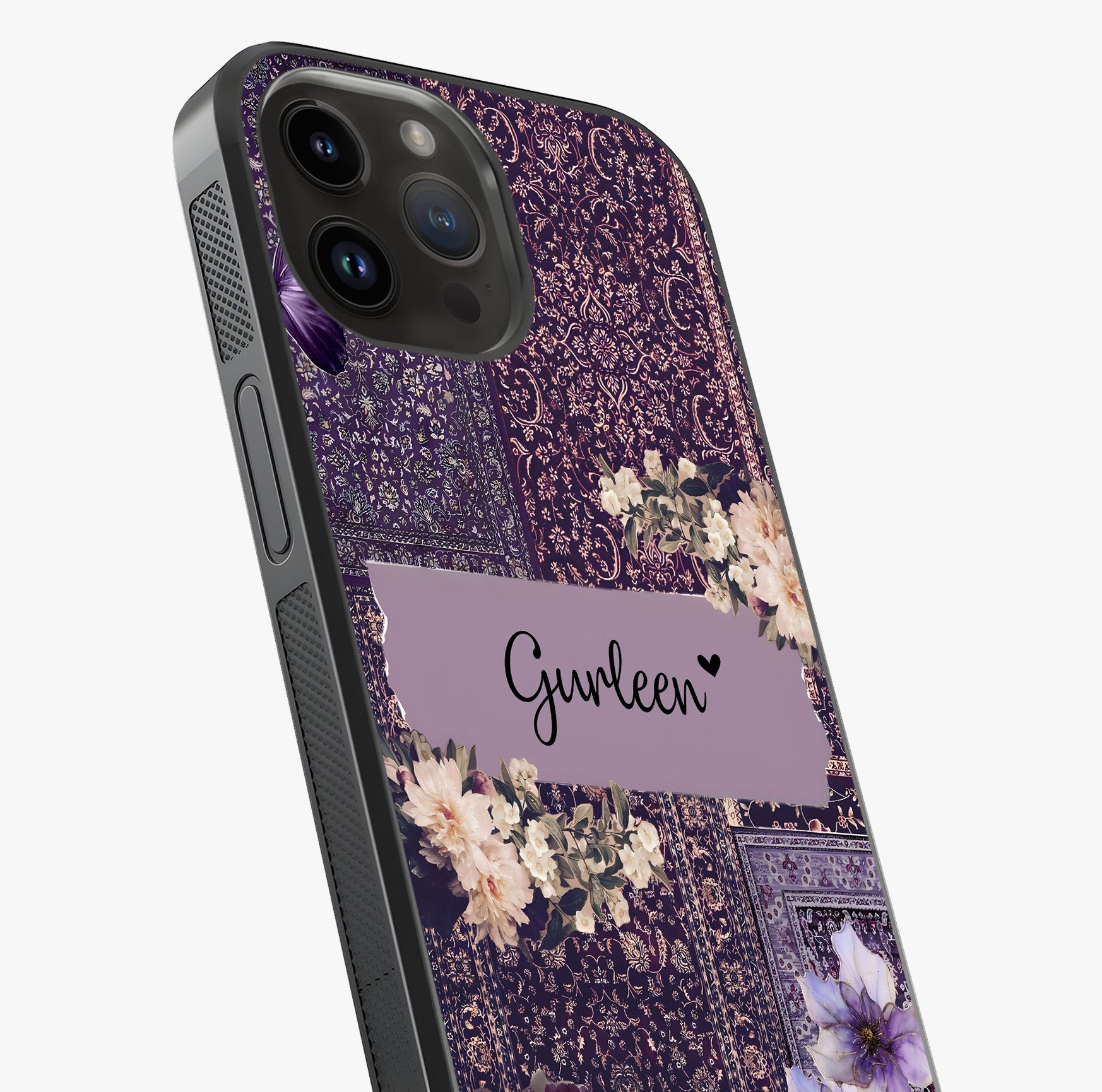 Antique Floral Whisper Custom Name Glass Case captured at a warm angle highlighting gloss, texture and premium glass finish.