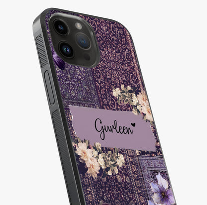 Antique Floral Whisper Custom Name Glass Case captured at a warm angle highlighting gloss, texture and premium glass finish.