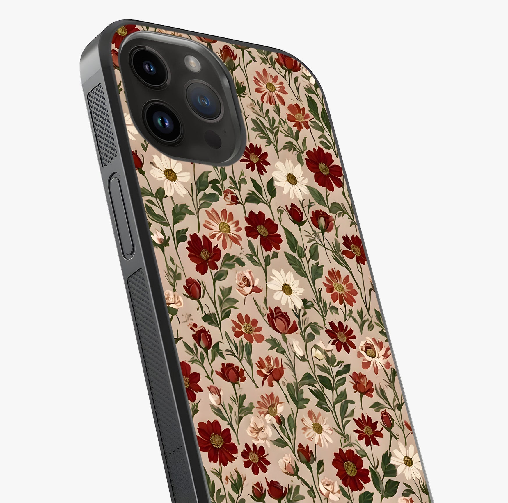 Biege Flower With Leaf Glass Case captured at a warm angle highlighting gloss, texture and premium glass finish.