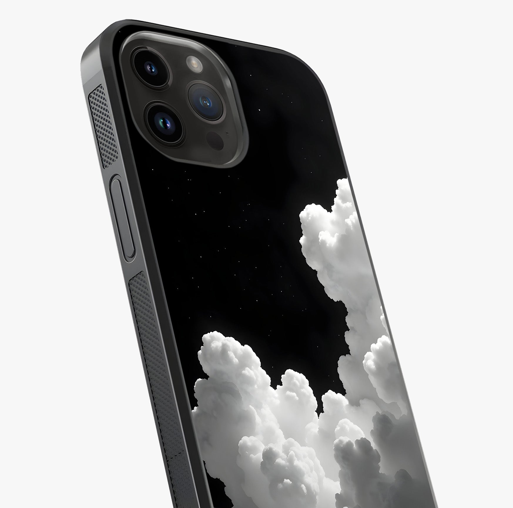 Black Background With White Cloud Glass Case captured at a warm angle highlighting gloss, texture and premium glass finish.