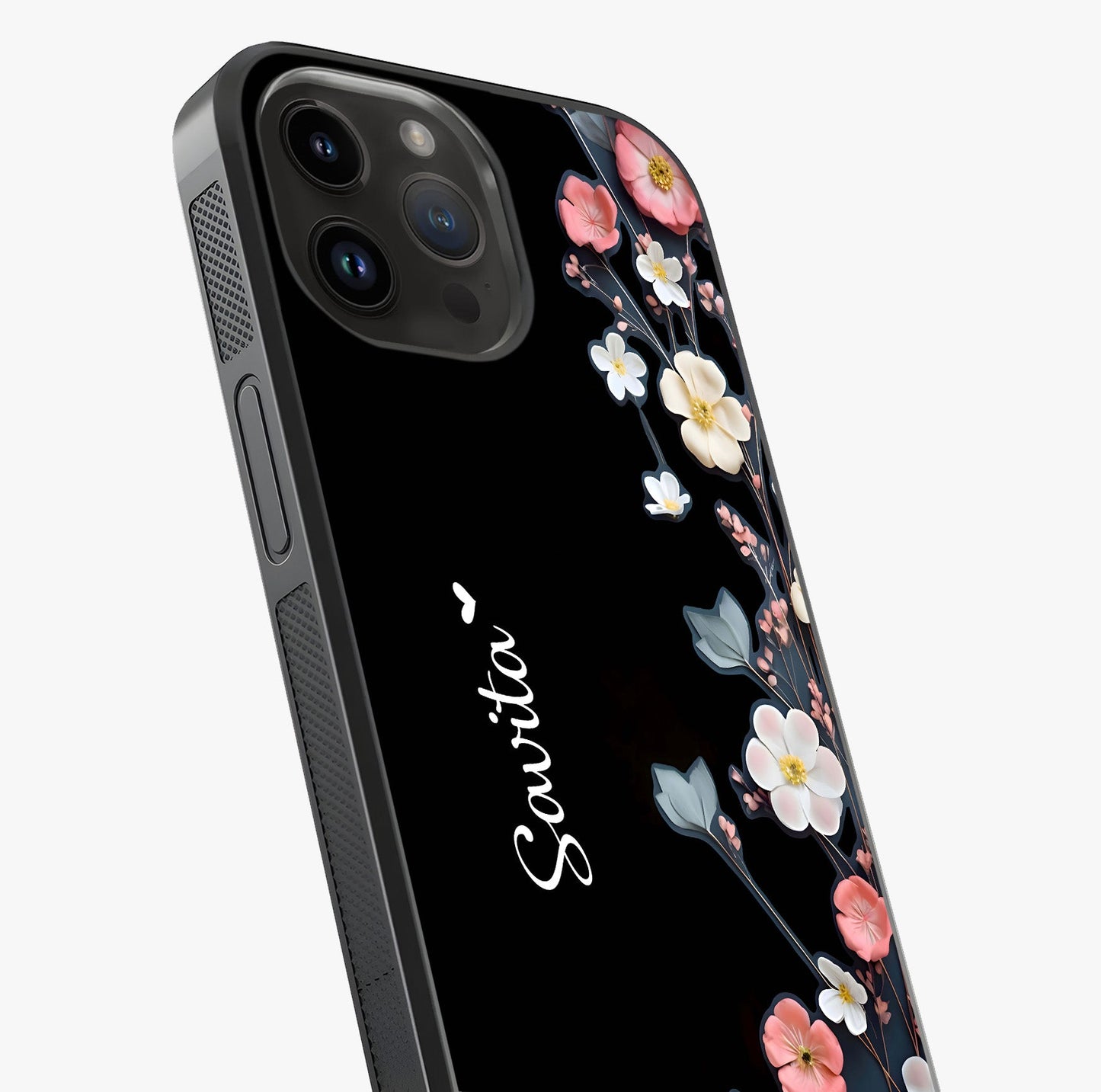 Black Elegance Floral Custom Name Glass Case captured at a warm angle highlighting gloss, texture and premium glass finish.