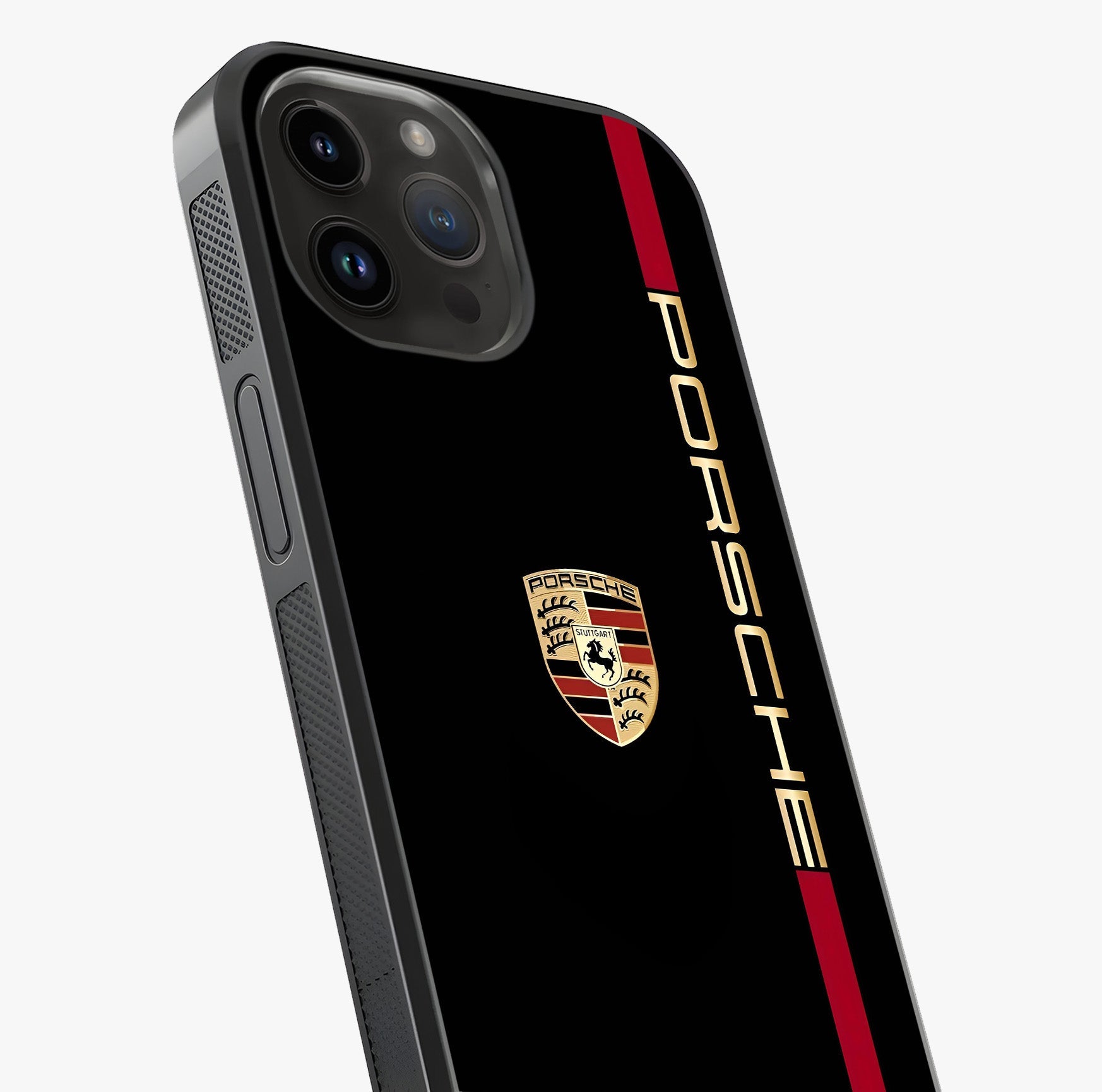 Black Minimal Porsche Glass Case captured at a warm angle highlighting gloss, texture and premium glass finish.