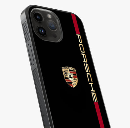 Black Minimal Porsche Glass Case captured at a warm angle highlighting gloss, texture and premium glass finish.