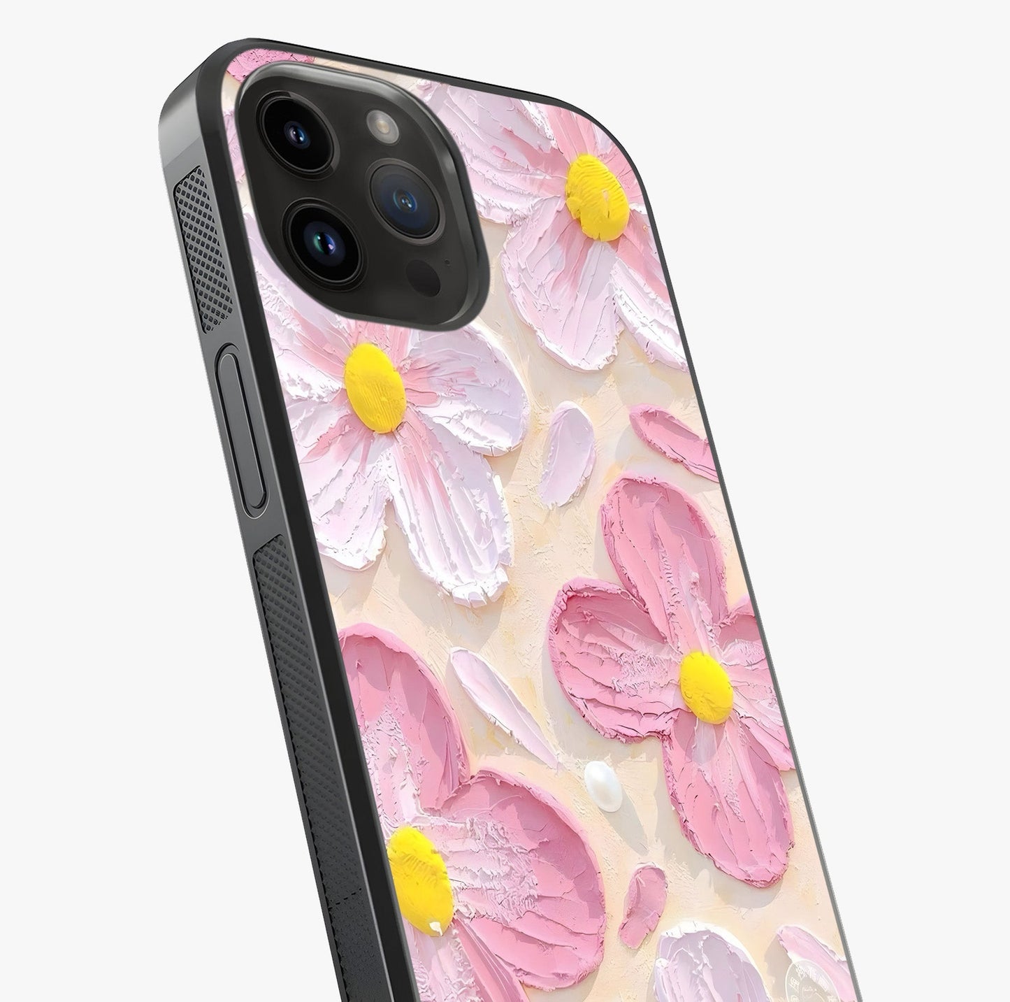 Blush Bloom Texture Glass Case captured at a warm angle highlighting gloss, texture and premium glass finish.
