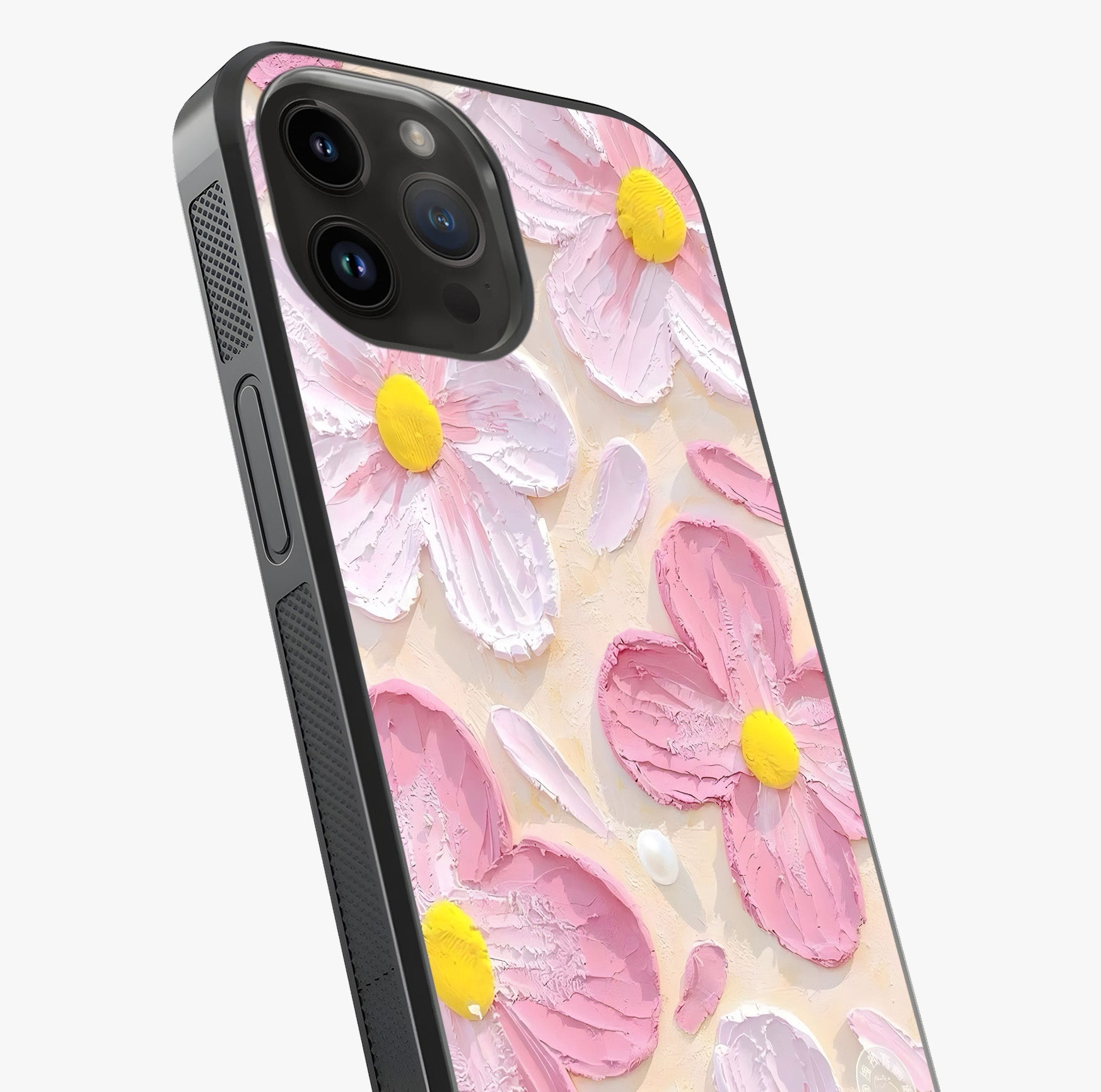 Blush Bloom Texture Glass Case captured at a warm angle highlighting gloss, texture and premium glass finish.