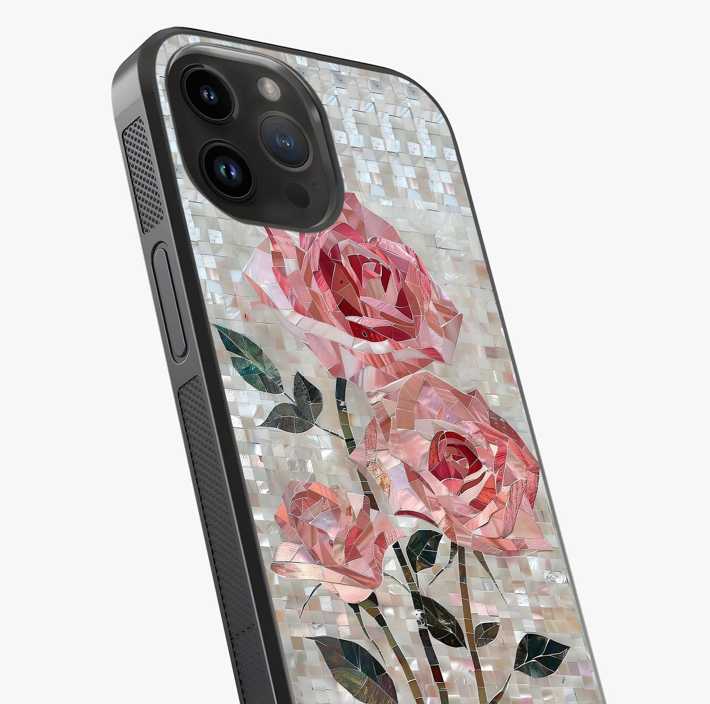 Blush Mosaic Bloom Glass Case captured at a warm angle highlighting gloss, texture and premium glass finish.