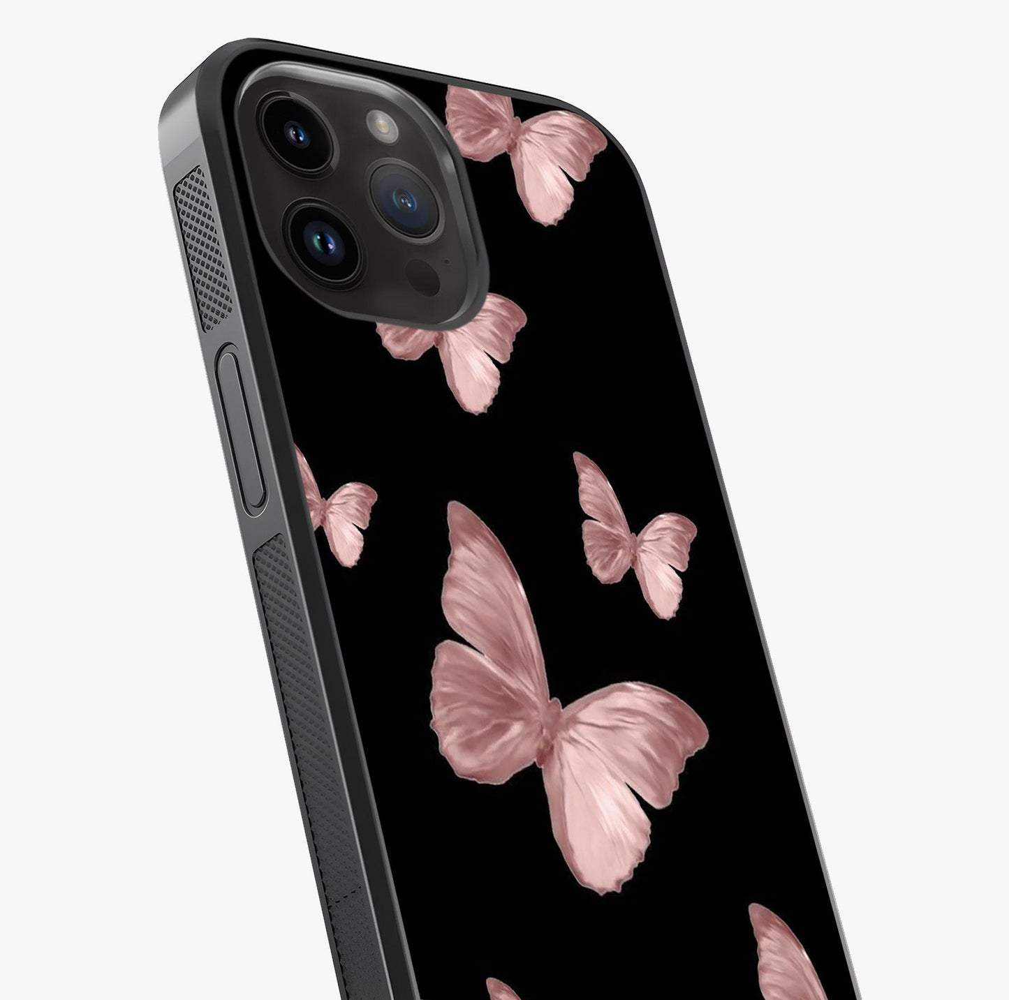 Butterfly Pattern Glass Case captured at a warm angle highlighting gloss, texture and premium glass finish.