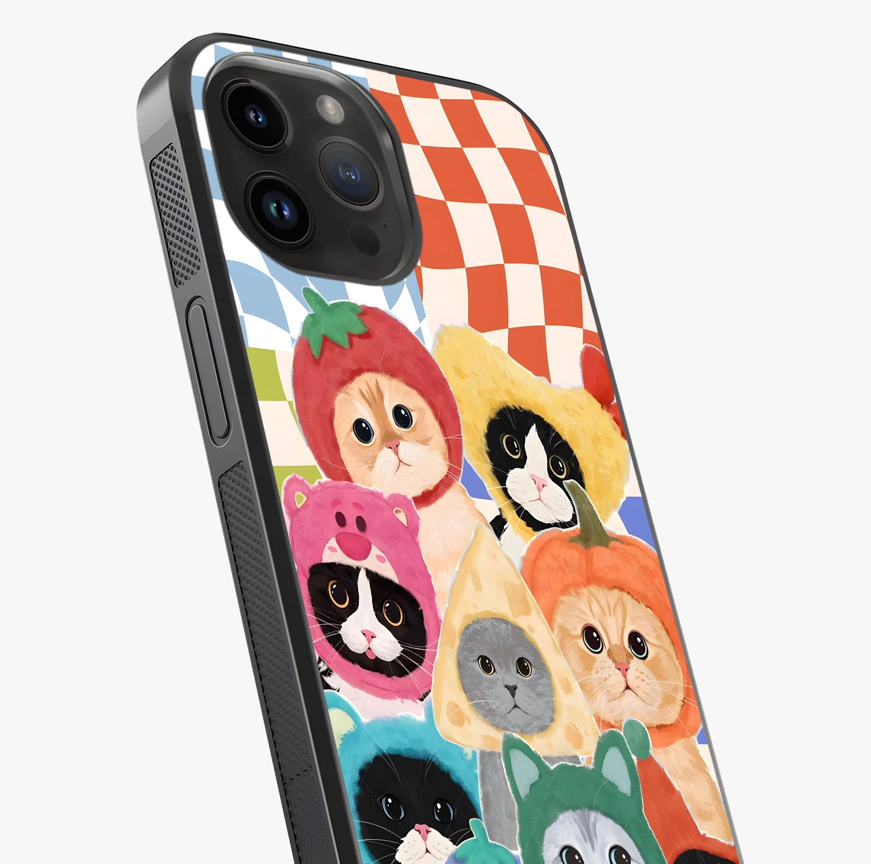 Cats In Fruits Glass Case captured at a warm angle highlighting gloss, texture and premium glass finish.