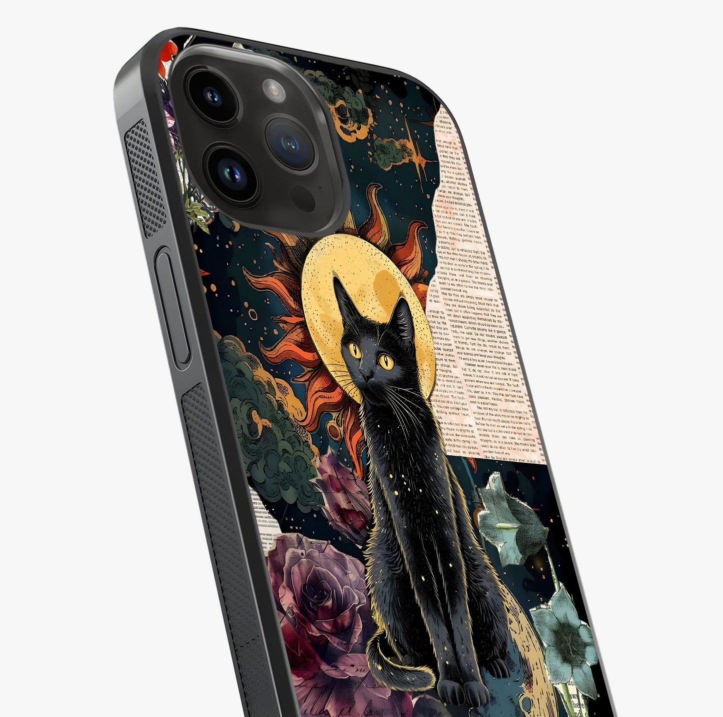 Celestial Black Cat Glass Case captured at a warm angle highlighting gloss, texture and premium glass finish.