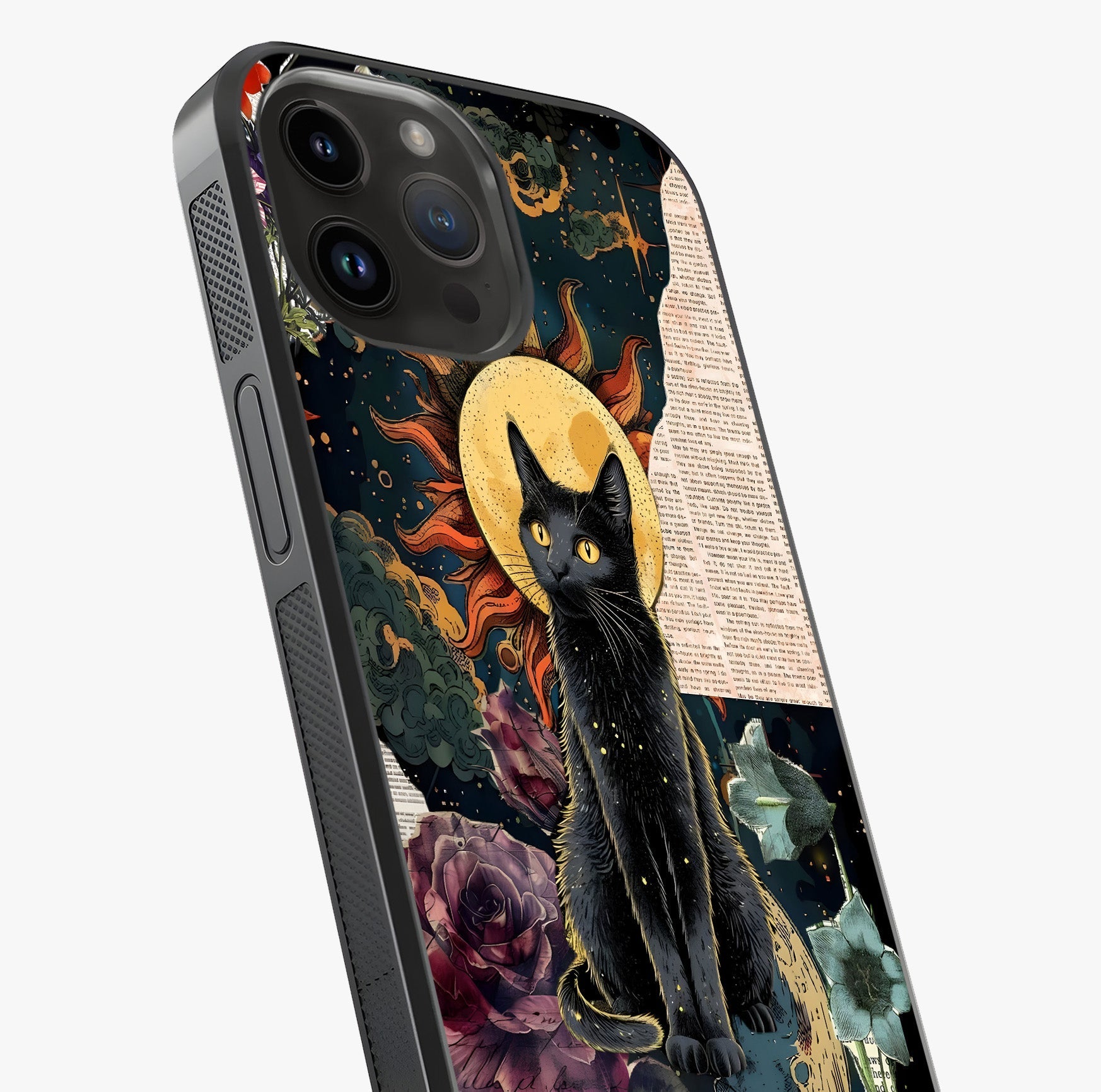 Celestial Black Cat Glass Case captured at a warm angle highlighting gloss, texture and premium glass finish.