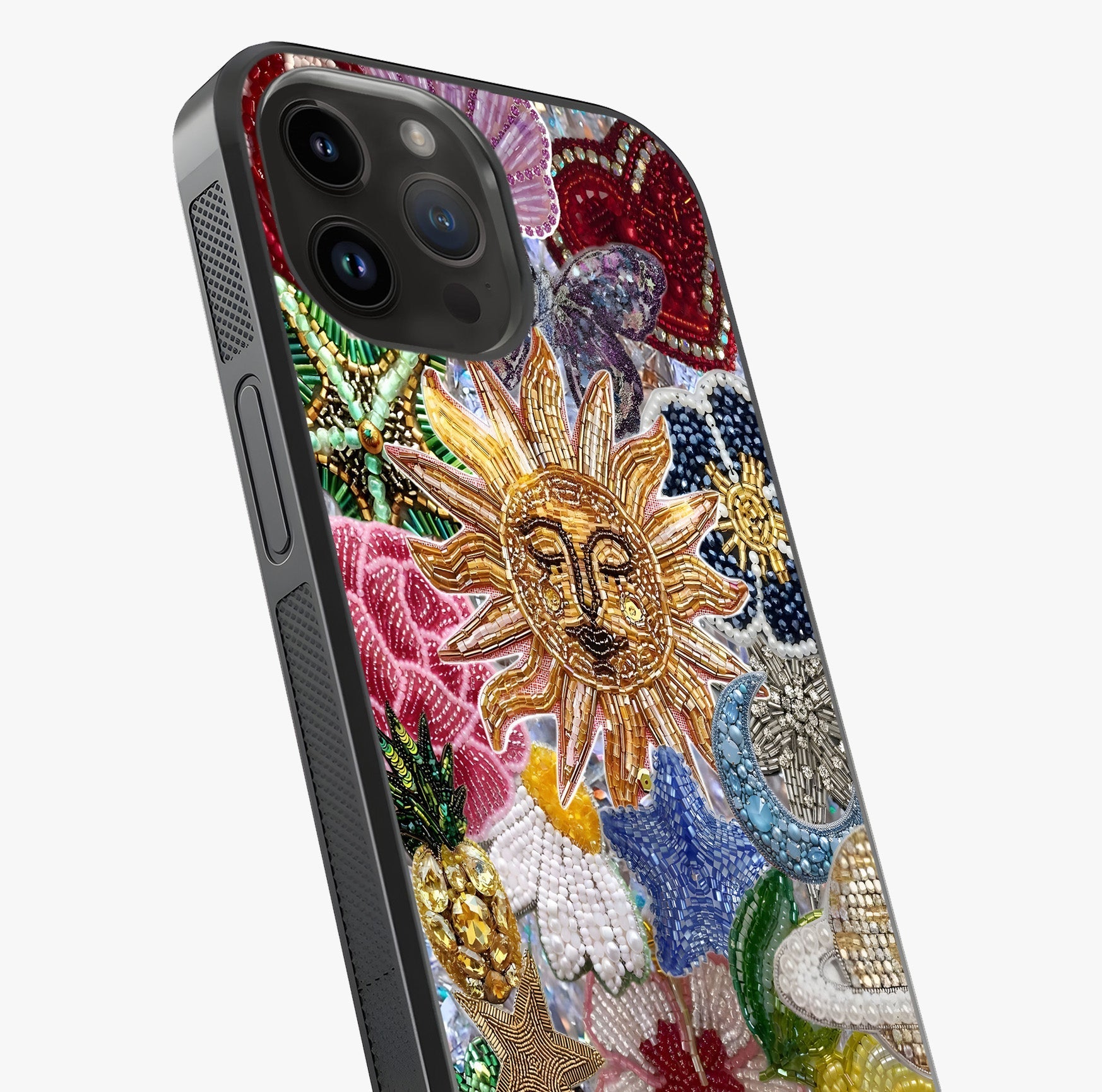 Celestial Floral And Playful Glass Case captured at a warm angle highlighting gloss, texture and premium glass finish.