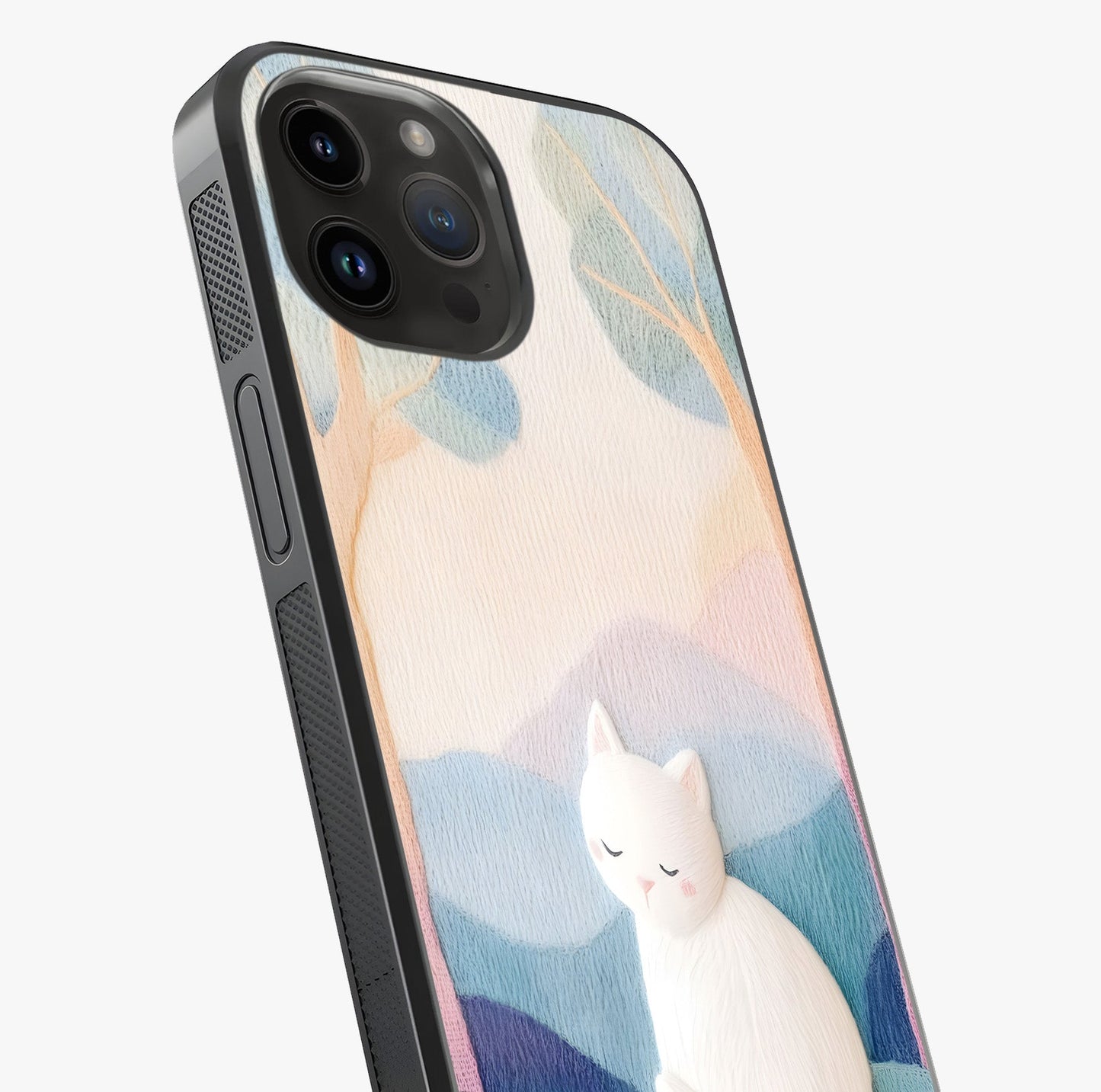 Cotton Dream Cat Glass Case captured at a warm angle highlighting gloss, texture and premium glass finish.