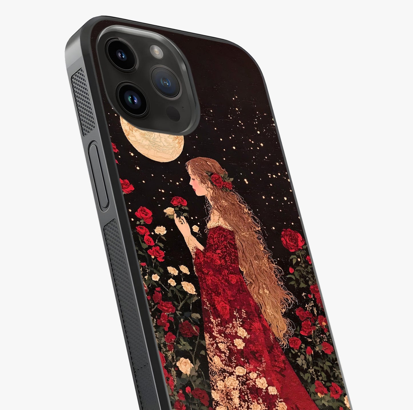 Crimson Dreams Glass Case captured at a warm angle highlighting gloss, texture and premium glass finish.