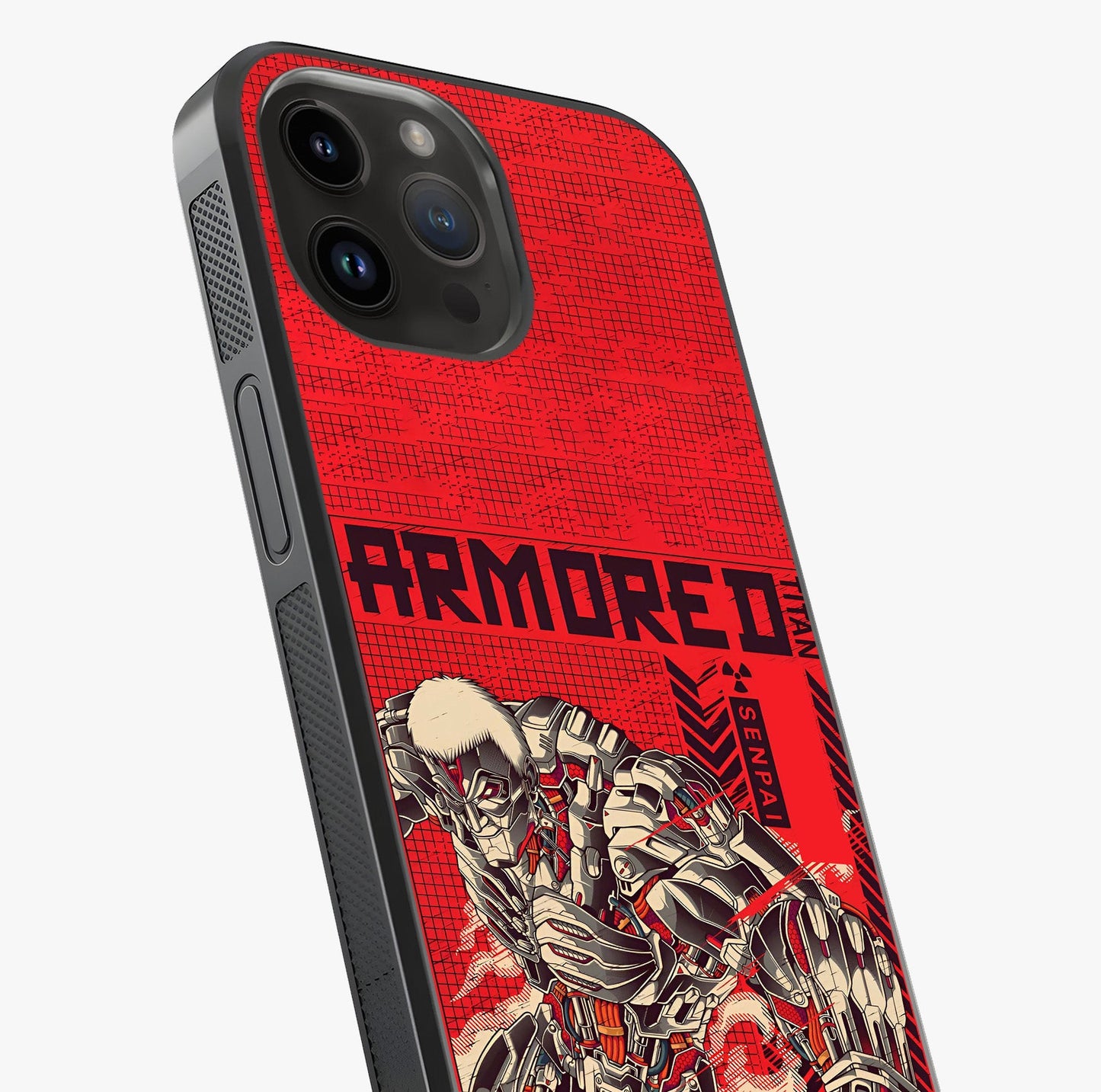 Crimson Mecha Titan Glass Case captured at a warm angle highlighting gloss, texture and premium glass finish.