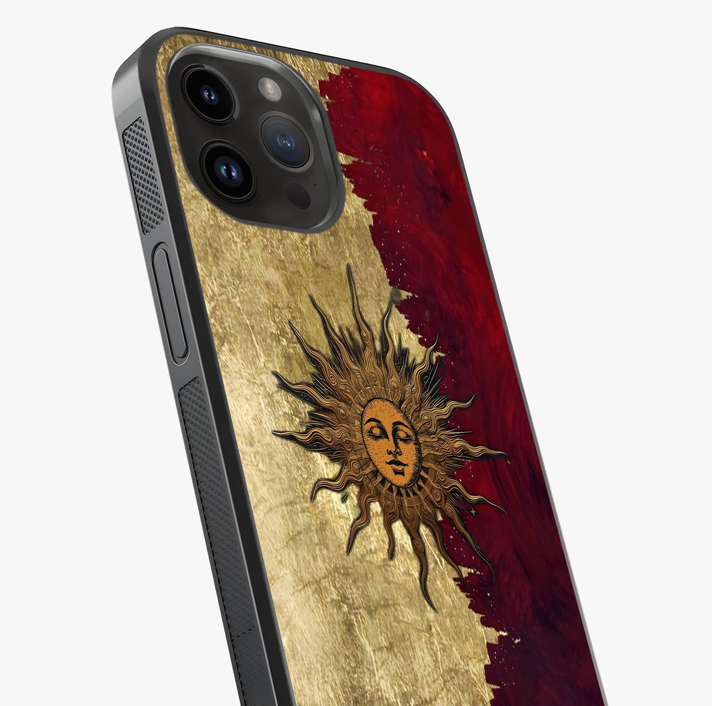 Crimson Sun Majesty Glass Case captured at a warm angle highlighting gloss, texture and premium glass finish.