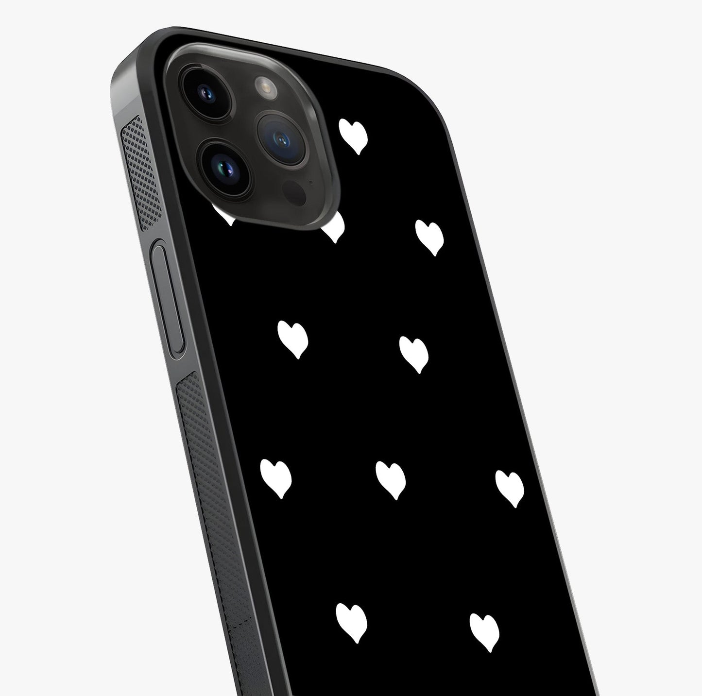 Cute And Simple White Hearts Glass Case captured at a warm angle highlighting gloss, texture and premium glass finish.