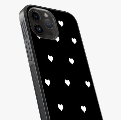 Cute And Simple White Hearts Glass Case captured at a warm angle highlighting gloss, texture and premium glass finish.