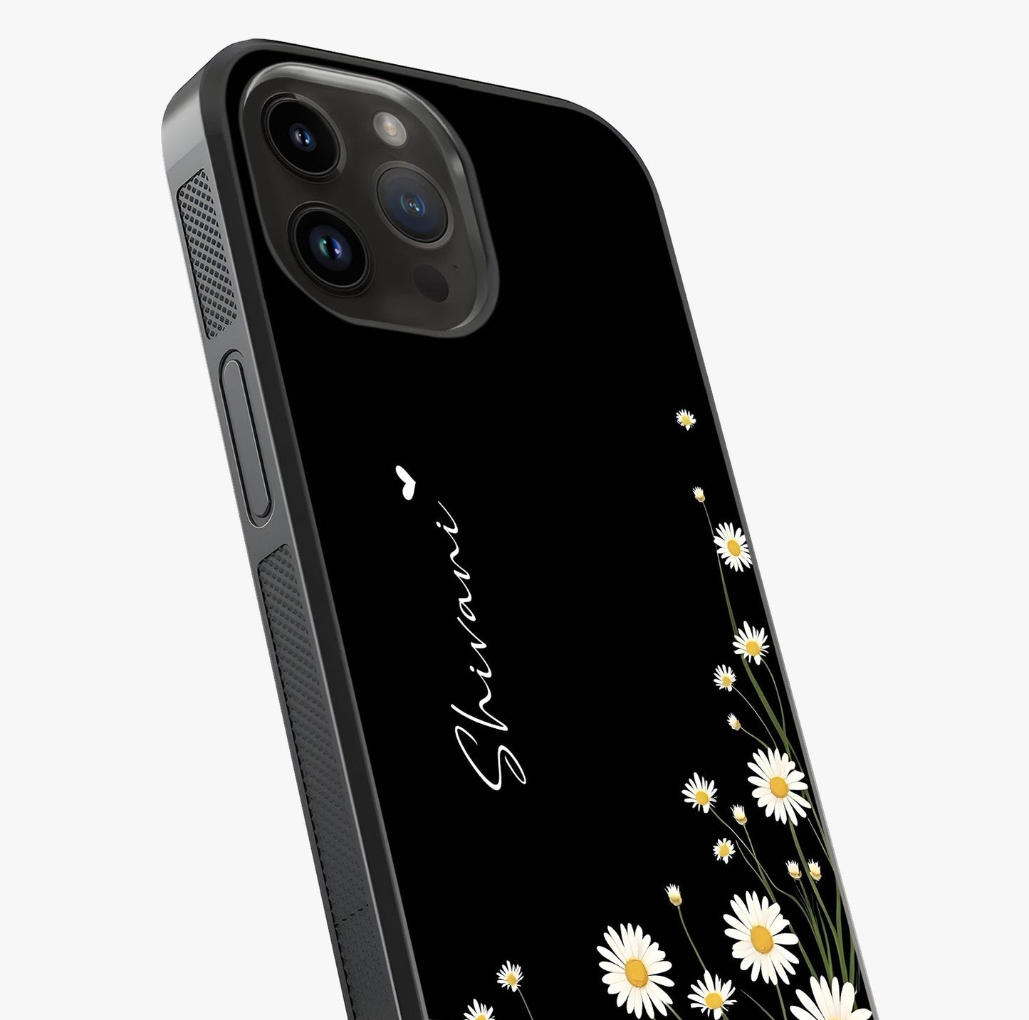 Daisy Cascade Custom Name Glass Case captured at a warm angle highlighting gloss, texture and premium glass finish.