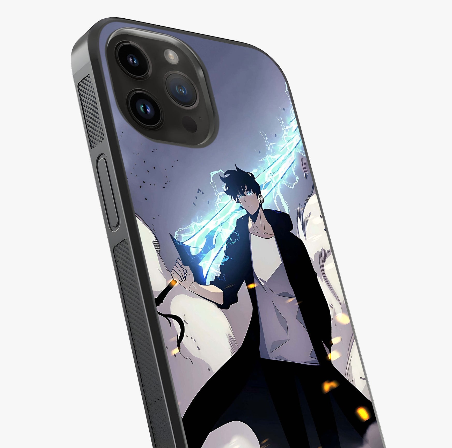 Dark Lightning Anime Warrior Glass Case captured at a warm angle highlighting gloss, texture and premium glass finish.