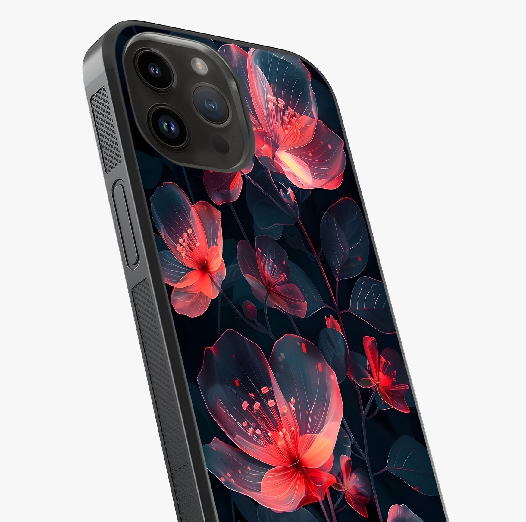 Dark Shade Of Flower Glass Case captured at a warm angle highlighting gloss, texture and premium glass finish.