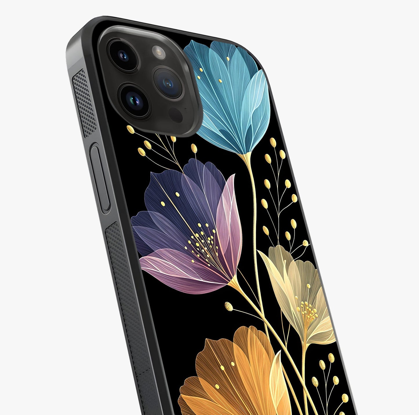 Delicate Multicolor Flowers Glass Case captured at a warm angle highlighting gloss, texture and premium glass finish.