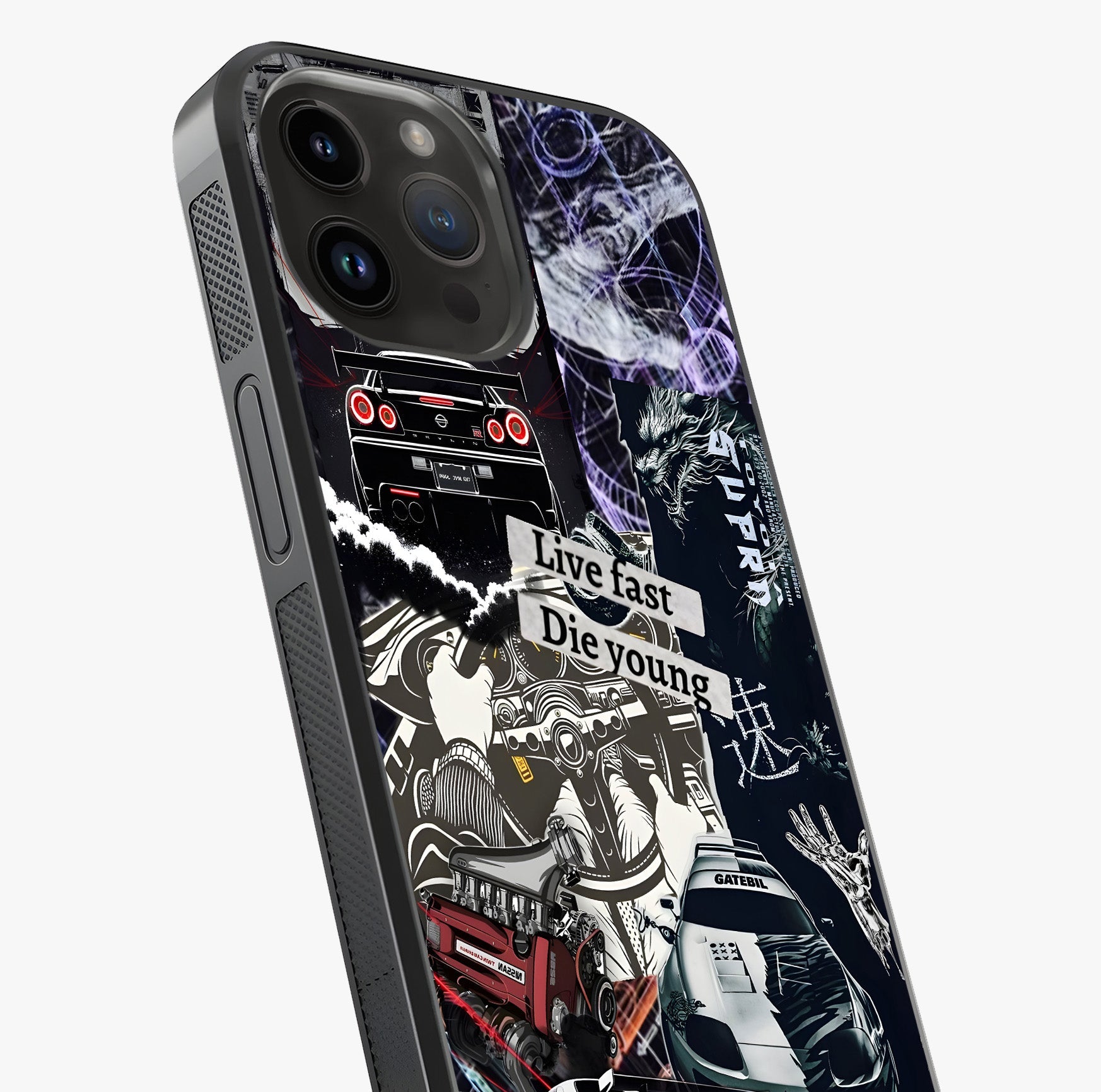 Die Young Glass Case captured at a warm angle highlighting gloss, texture and premium glass finish.