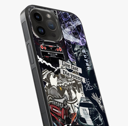 Die Young Glass Case captured at a warm angle highlighting gloss, texture and premium glass finish.