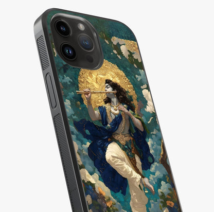 Divine Krishna Art Glass Case captured at a warm angle highlighting gloss, texture and premium glass finish.