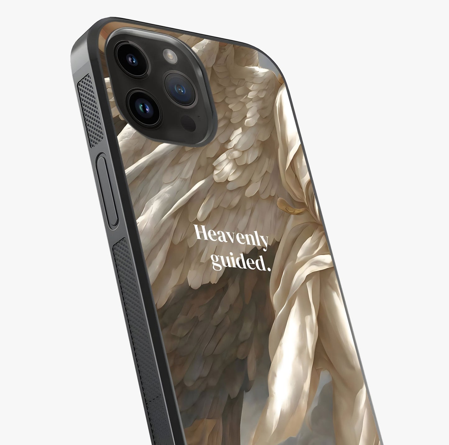 Divine Winged Grace Glass Case captured at a warm angle highlighting gloss, texture and premium glass finish.