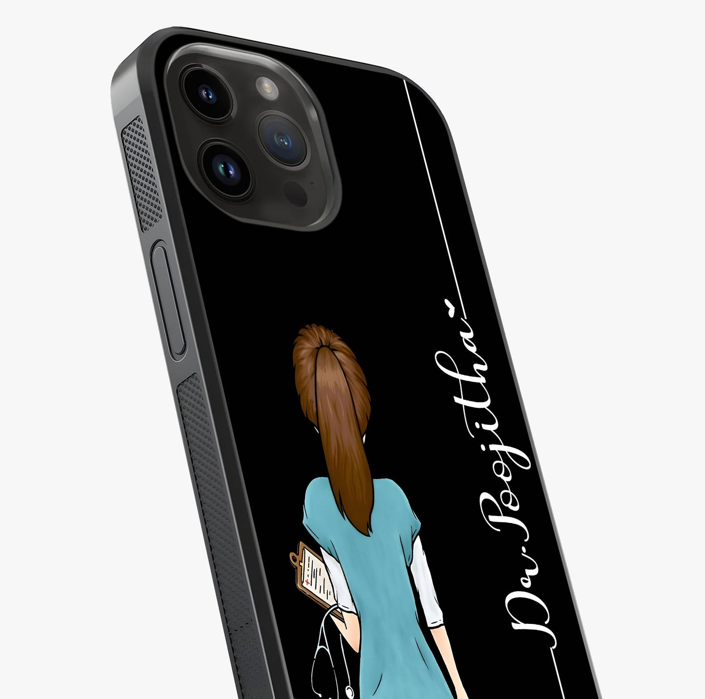 Doctor Pattern Custom Name Glass Case captured at a warm angle highlighting gloss, texture and premium glass finish.
