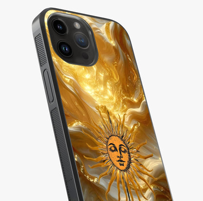 Eternal Golden Glow Glass Case captured at a warm angle highlighting gloss, texture and premium glass finish.