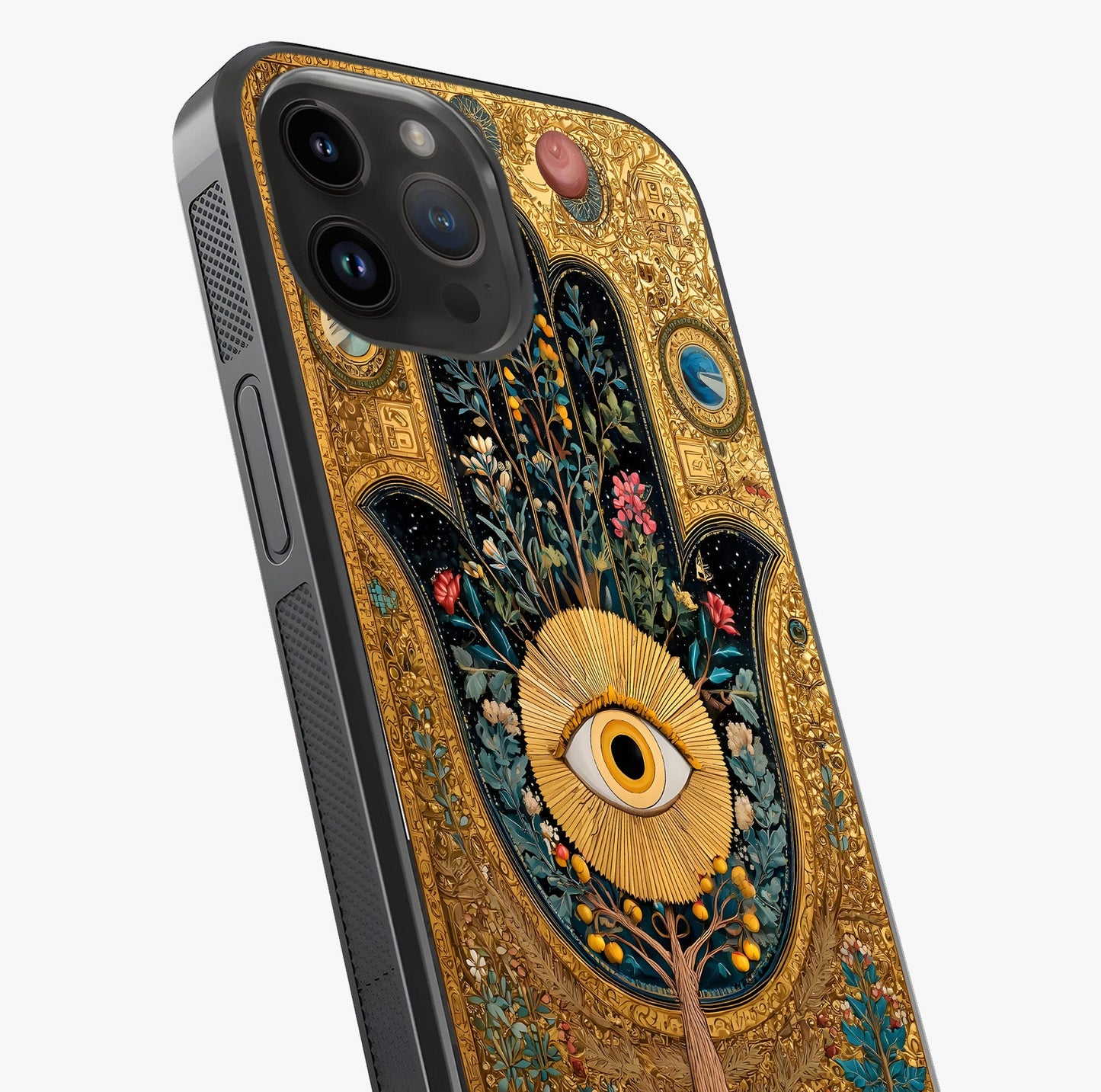 Ethereal Evil Eye Glass Case captured at a warm angle highlighting gloss, texture and premium glass finish.