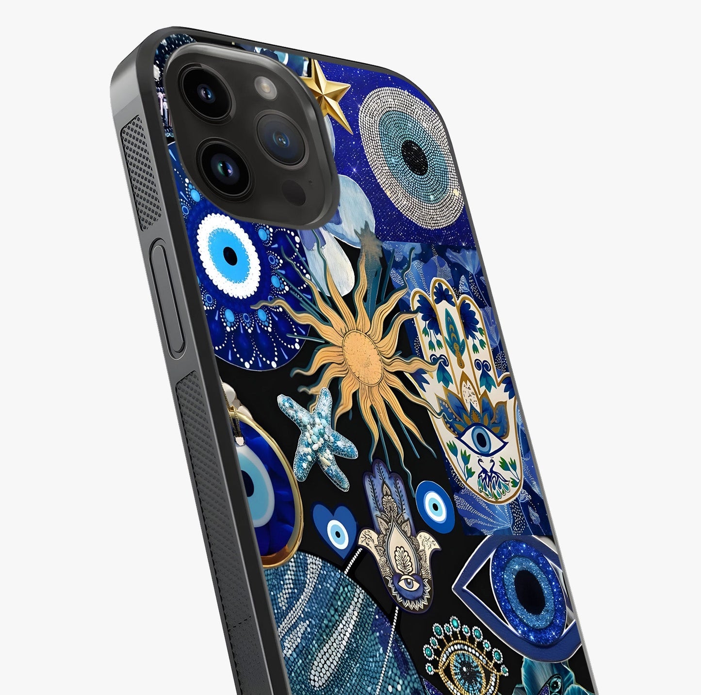 Evil Eye Charm Mix Glass Case captured at a warm angle highlighting gloss, texture and premium glass finish.