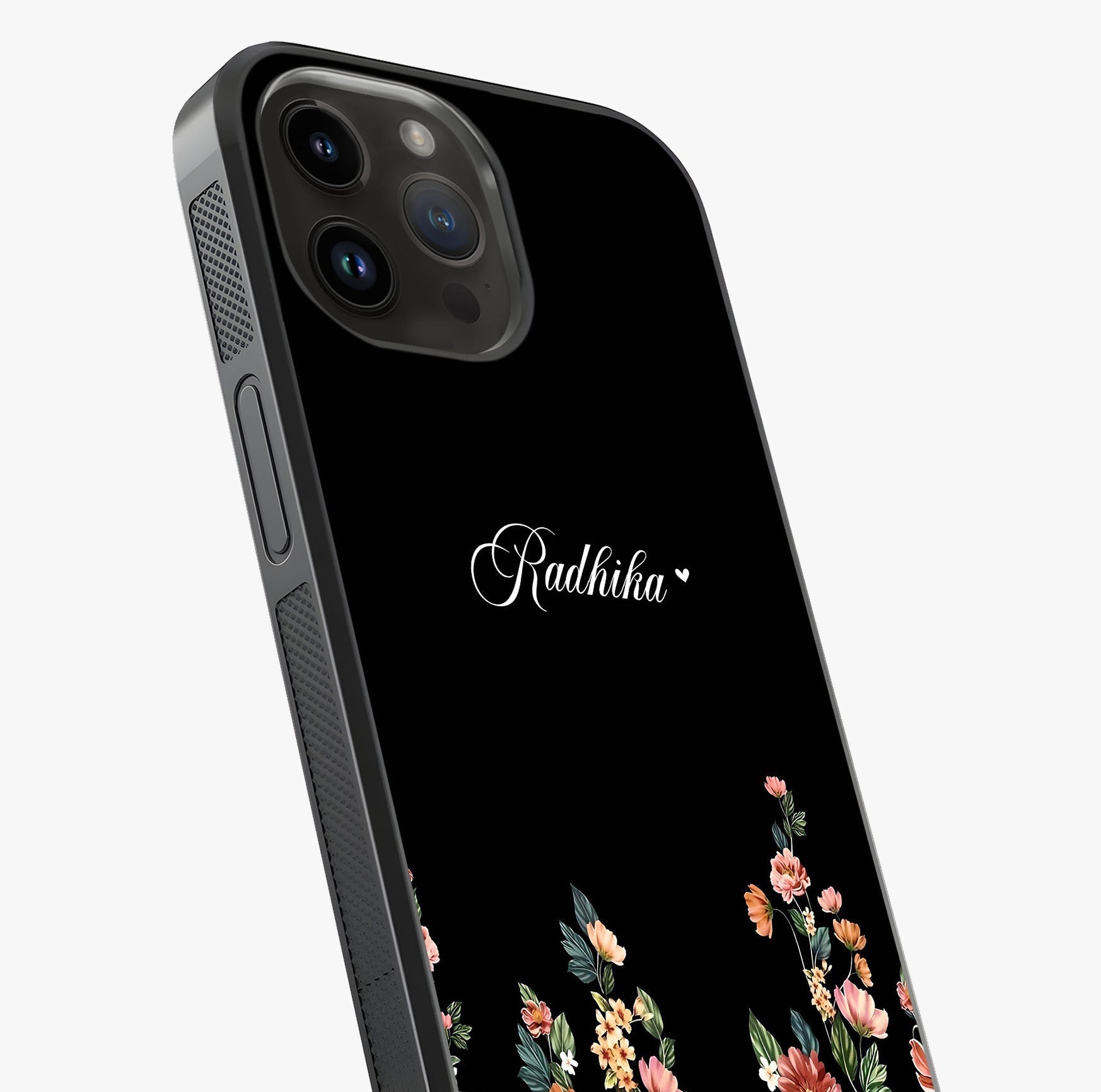 Floral Design With A Custom Personalized Name Glass Case captured at a warm angle highlighting gloss, texture and premium glass finish.