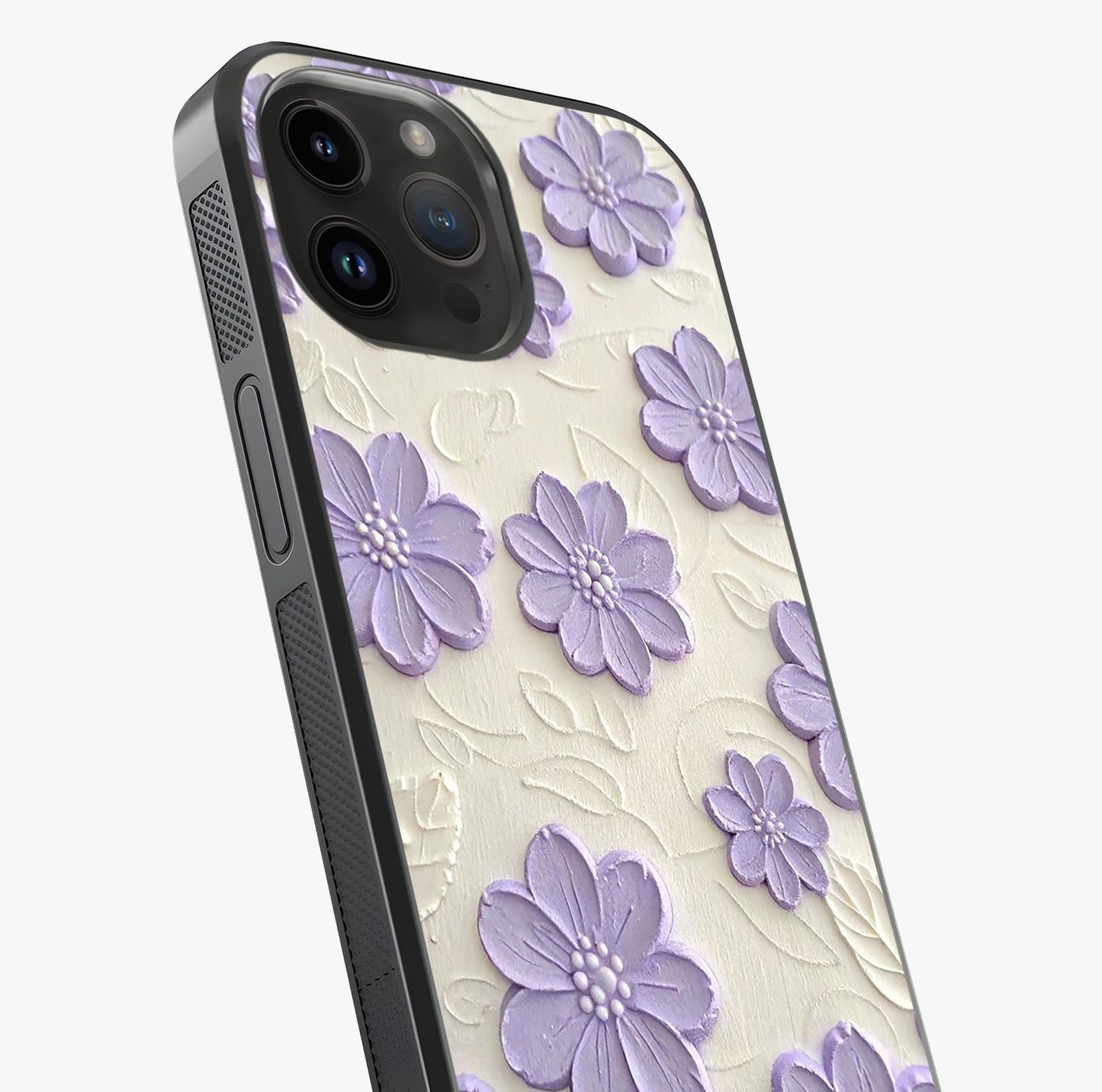 Floral Wall Art With Purple Flowers Glass Case captured at a warm angle highlighting gloss, texture and premium glass finish.