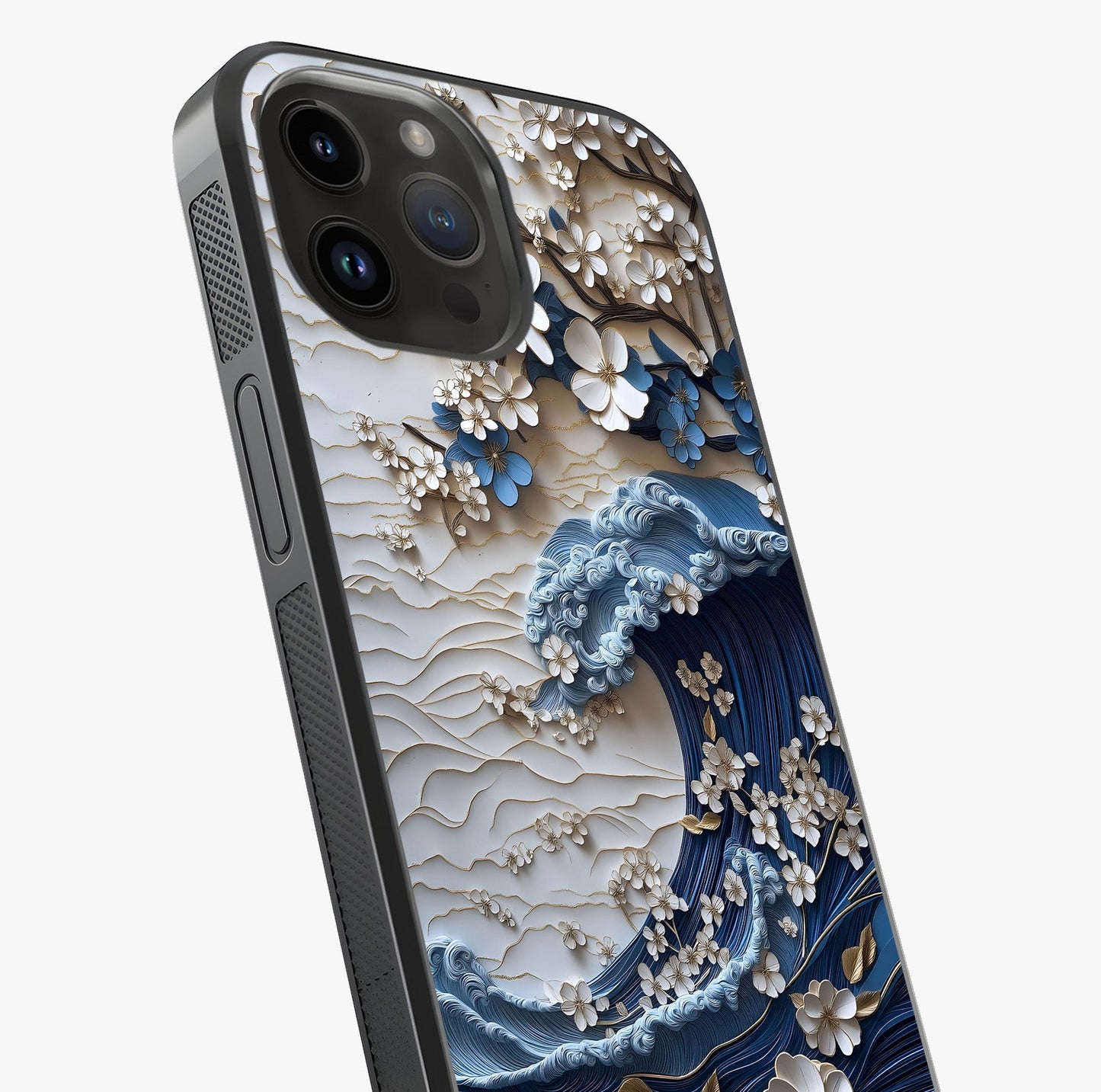 Floral Wave Origami Glass Case captured at a warm angle highlighting gloss, texture and premium glass finish.