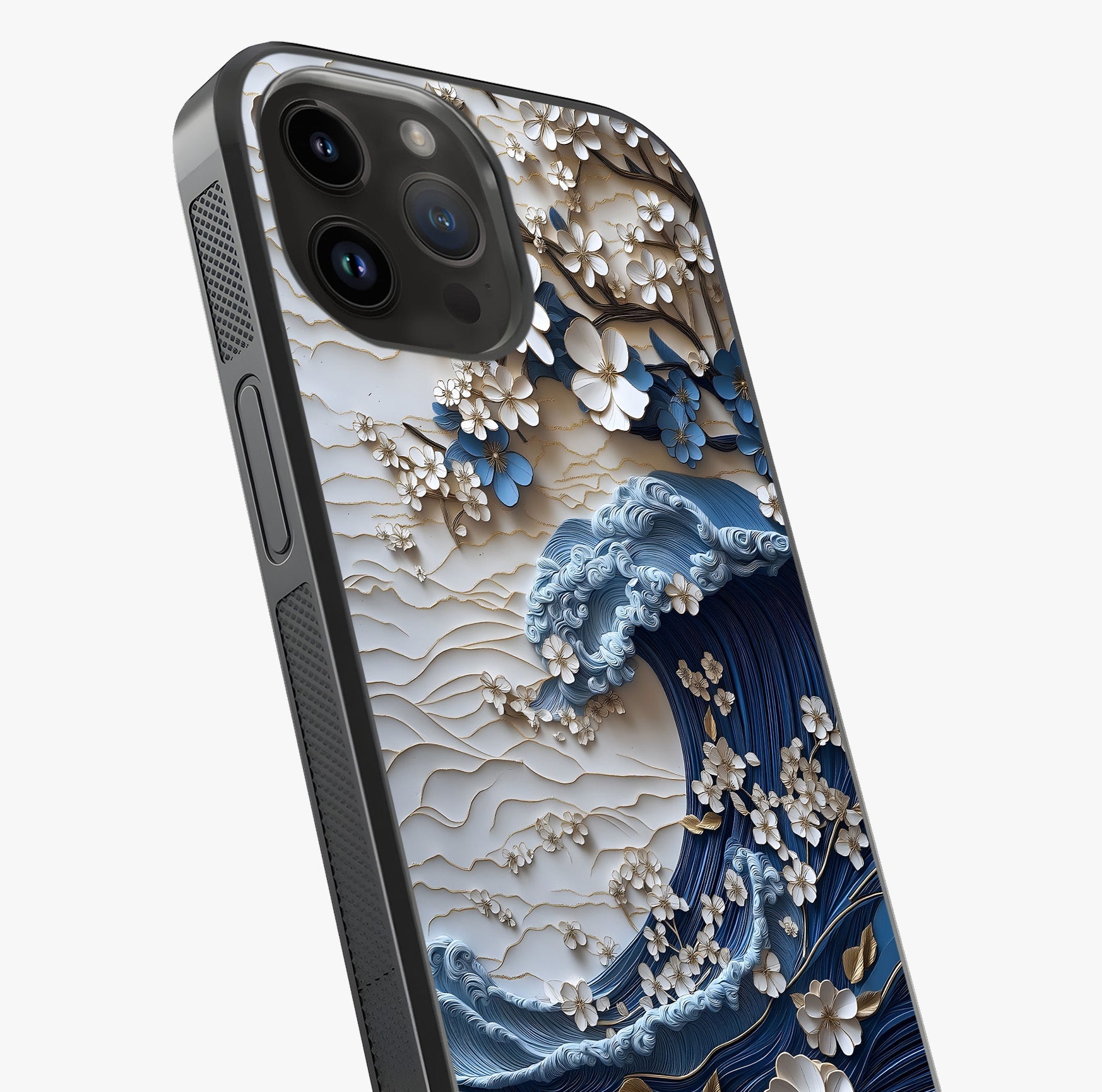 Floral Wave Origami Glass Case captured at a warm angle highlighting gloss, texture and premium glass finish.