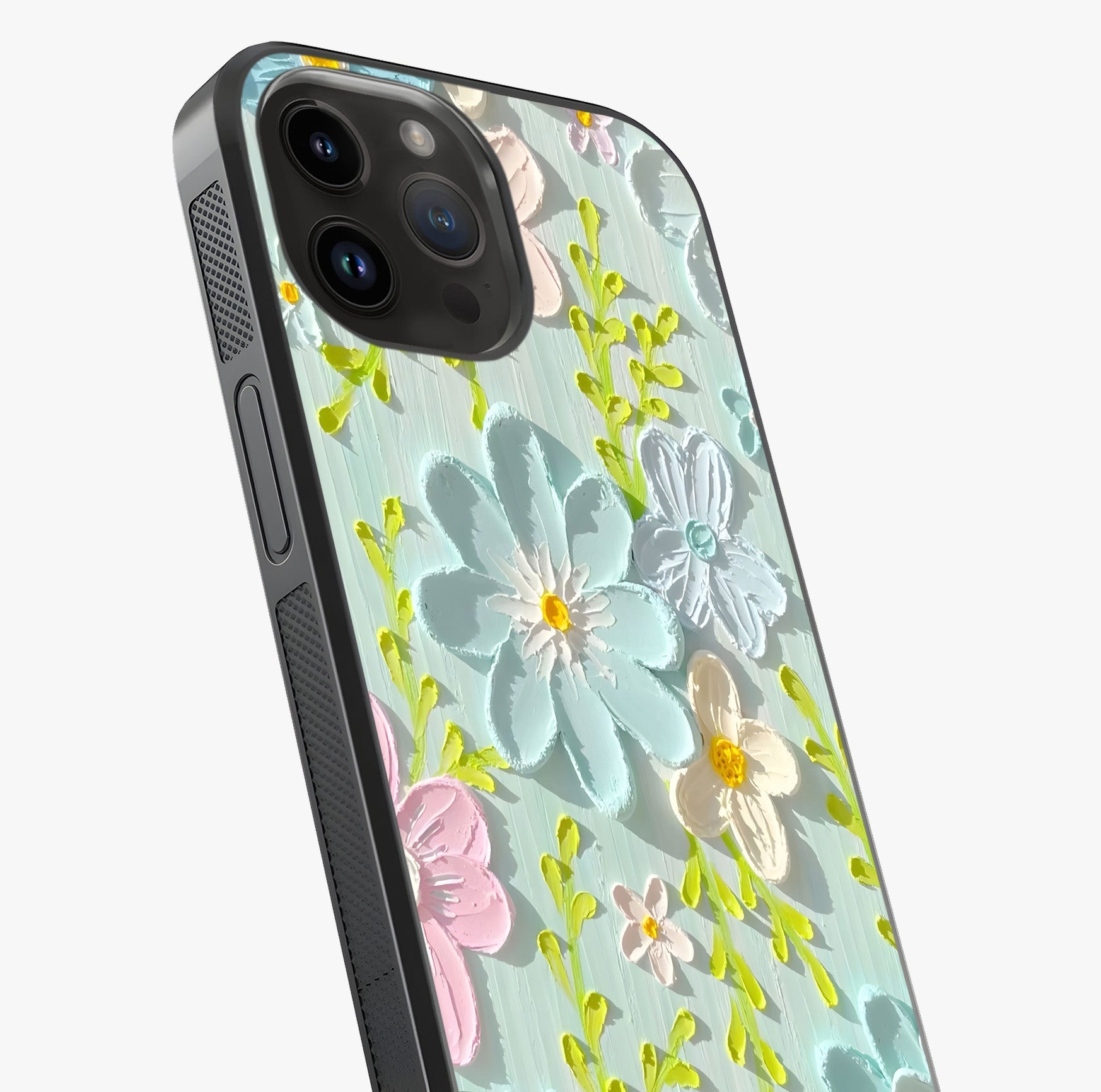 Frosted Petal Garden Glass Case captured at a warm angle highlighting gloss, texture and premium glass finish.