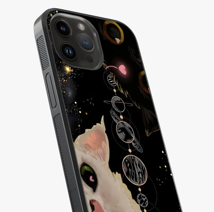 Galactic Cat Glass Case captured at a warm angle highlighting gloss, texture and premium glass finish.