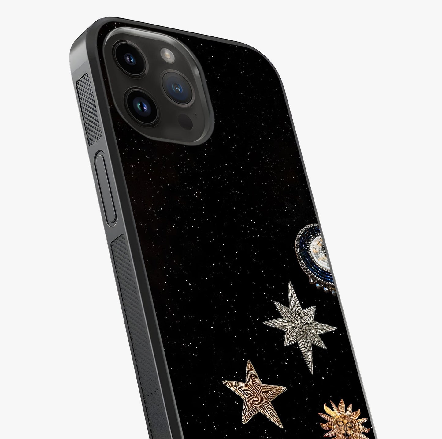 Galactic Charm Glow Glass Case captured at a warm angle highlighting gloss, texture and premium glass finish.