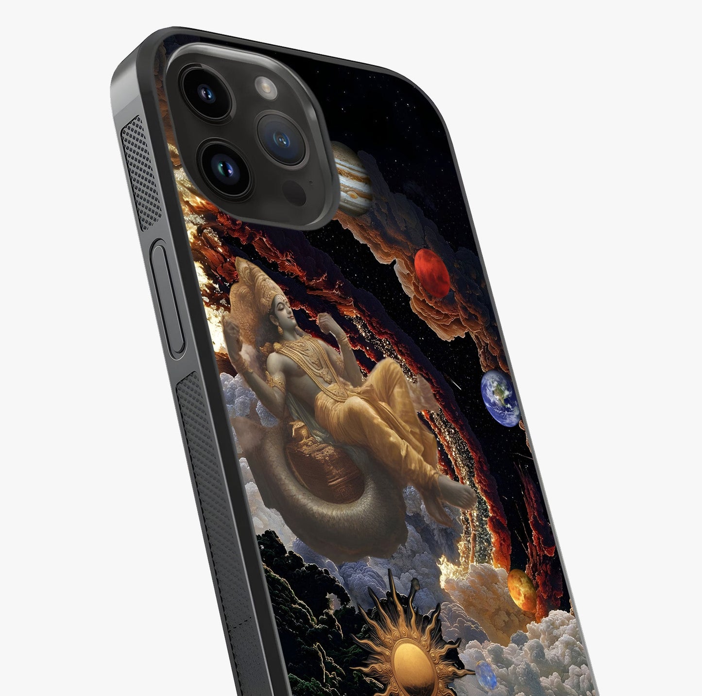 Galactic Divine God Glass Case captured at a warm angle highlighting gloss, texture and premium glass finish.