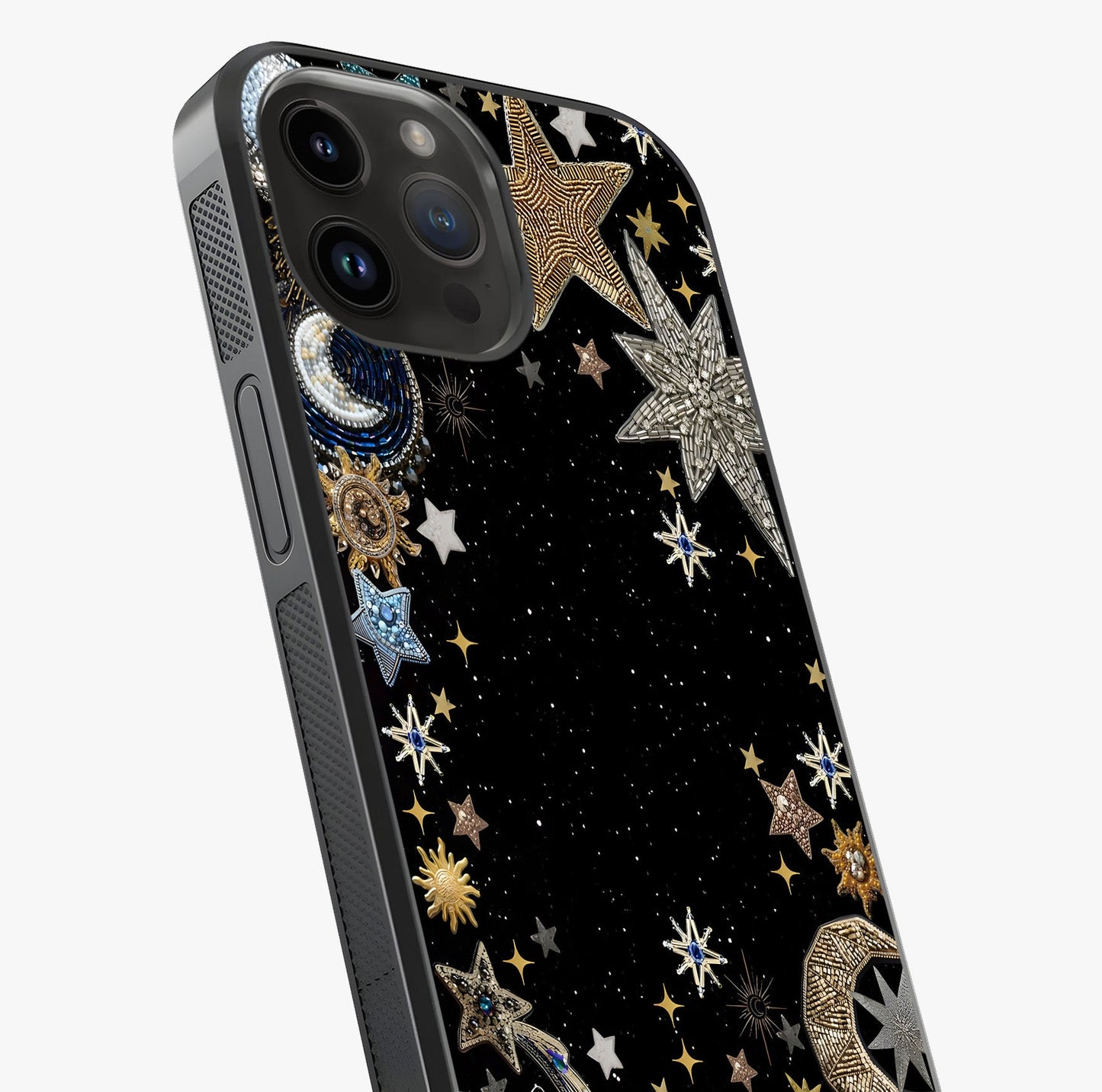 Galactic Jewel Stars Glass Case captured at a warm angle highlighting gloss, texture and premium glass finish.