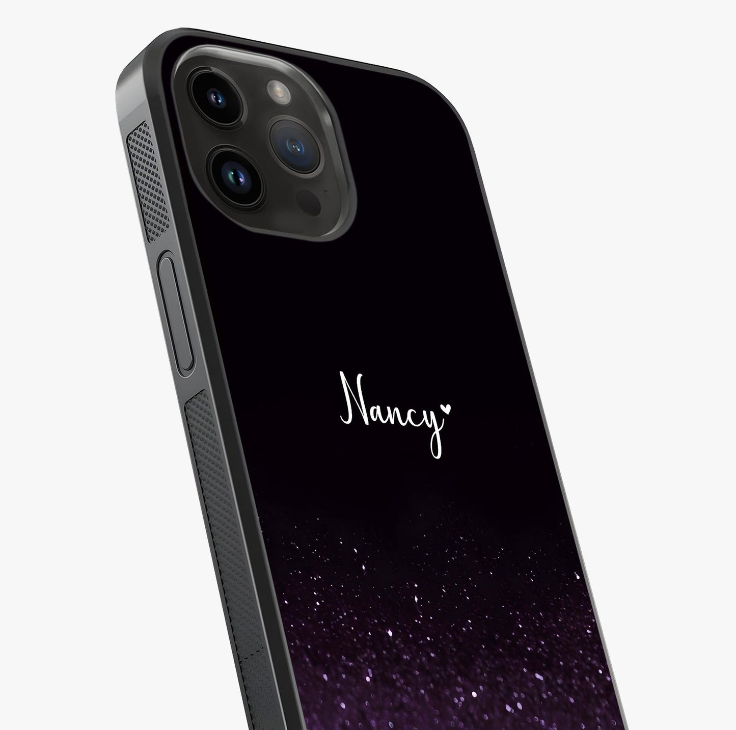 Glittery Purple Bokeh Custom Name Glass Case captured at a warm angle highlighting gloss, texture and premium glass finish.