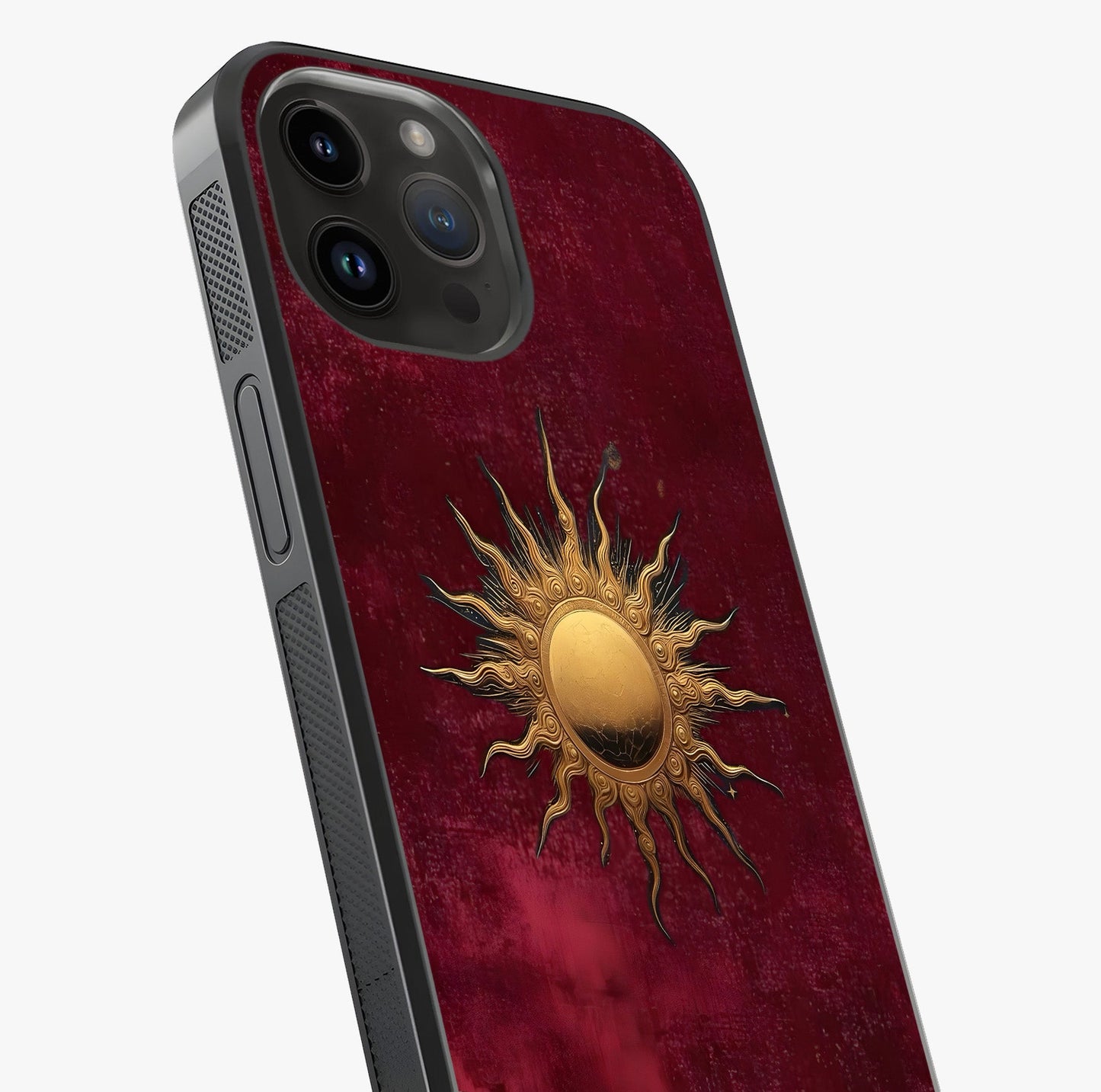 Gold Sun Blush Glass Case captured at a warm angle highlighting gloss, texture and premium glass finish.