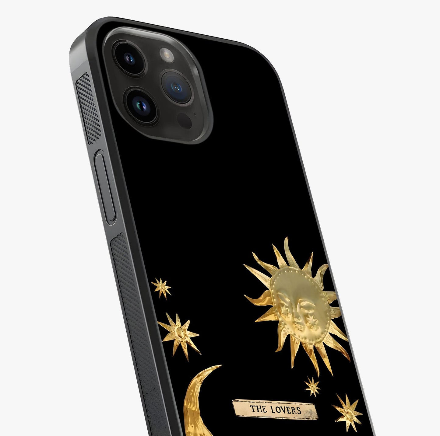 Golden Celestial Charm Glass Case captured at a warm angle highlighting gloss, texture and premium glass finish.
