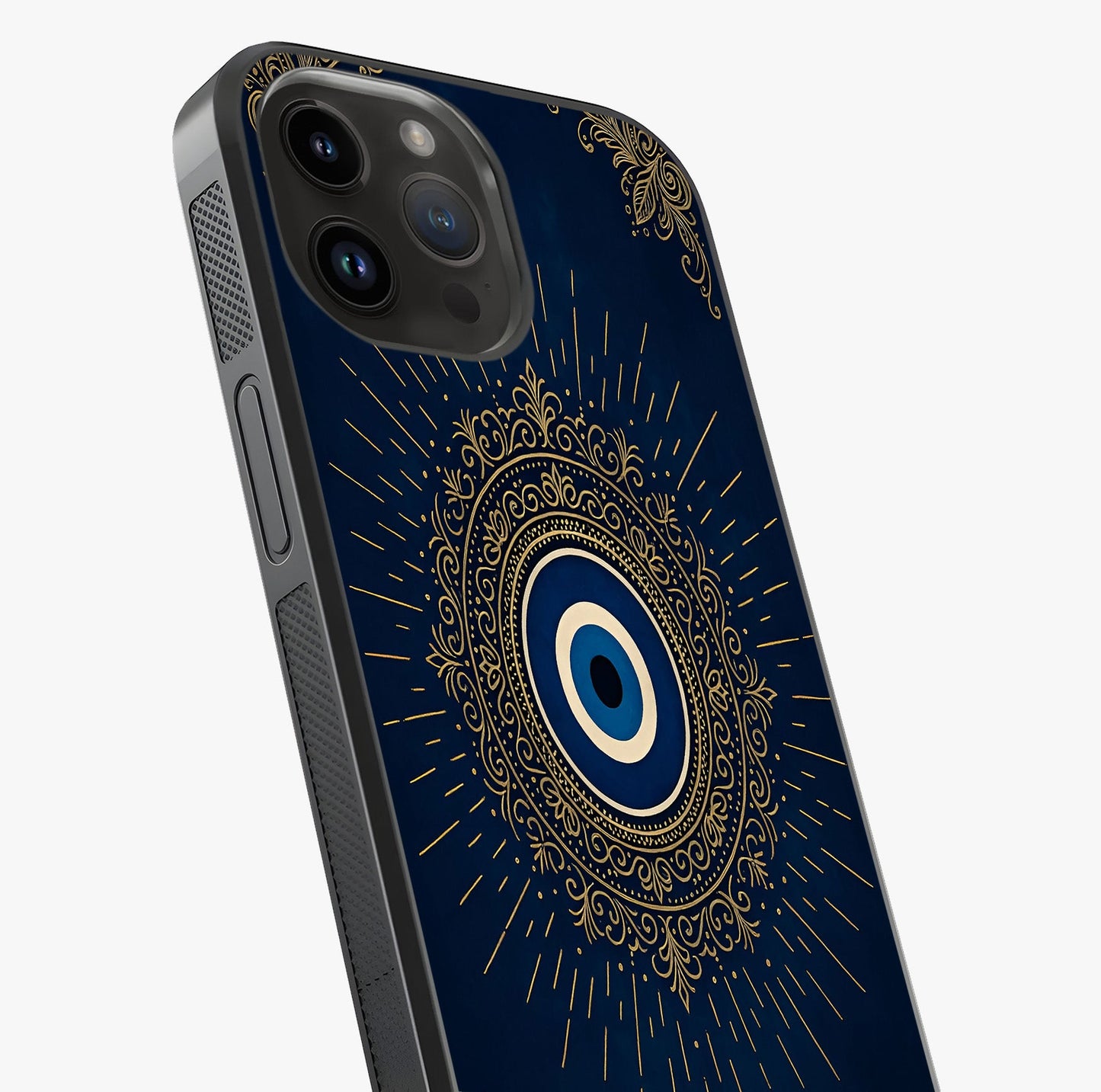 Golden Evil Eye Mandala Glass Case captured at a warm angle highlighting gloss, texture and premium glass finish.